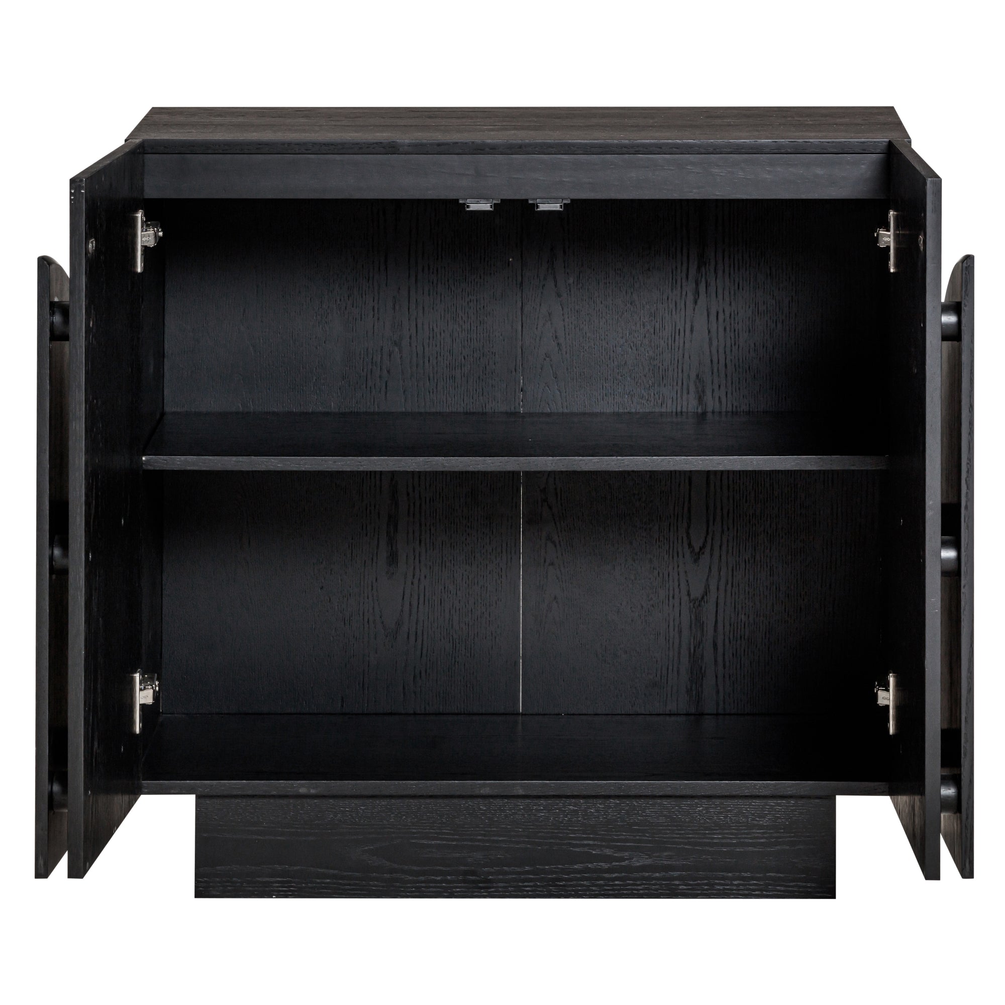 A black wooden cabinet with two open doors, revealing an empty interior with a single horizontal shelf dividing the space into two sections.