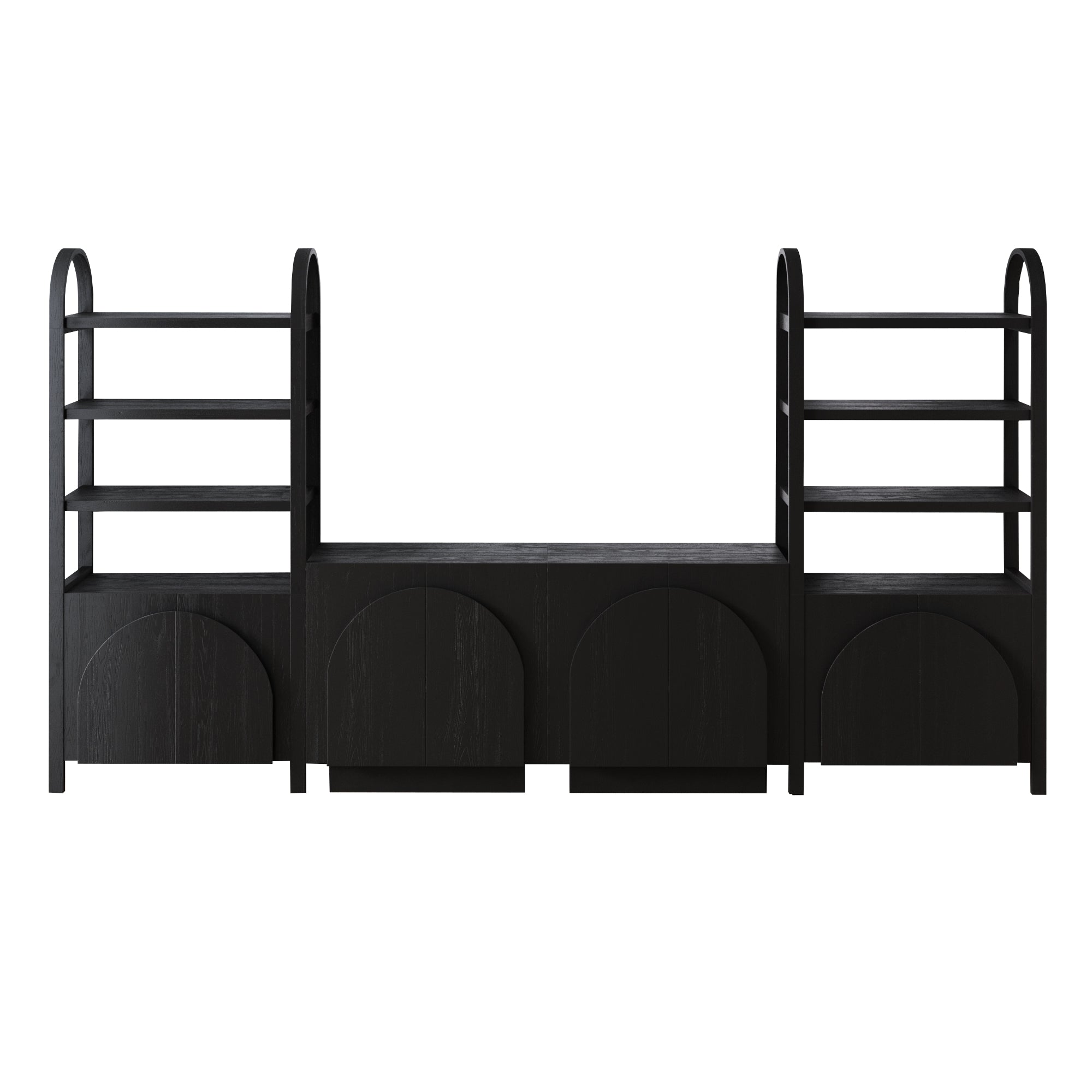 A modern black wooden storage bench with three arched cabinet doors at the base and two tall side shelves, each with three open shelves above the cabinets.