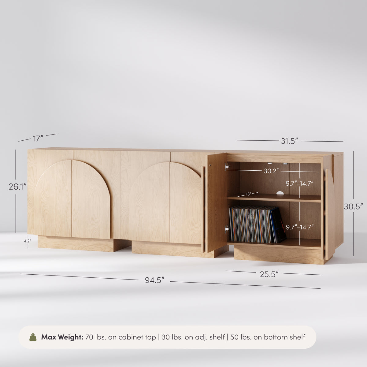 Mid-Century Modern Wood Credenza Arched Oak in light wood with arched door designs and labeled dimensions, featuring one open cabinet revealing interior shelving with records.