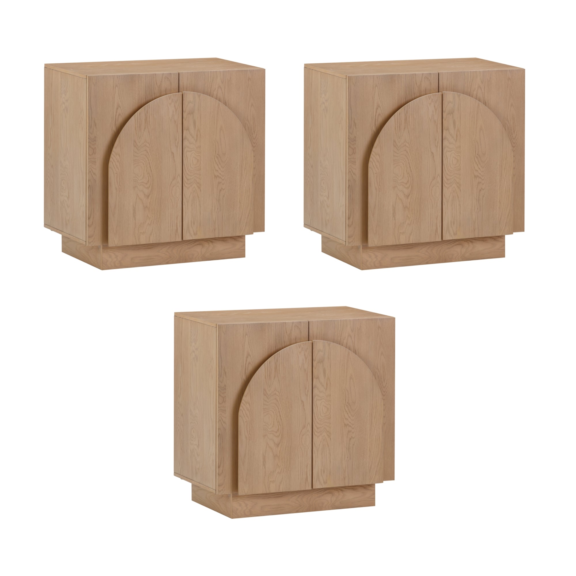 Three identical light wood cabinets with double doors and a prominent semi-circular carved arch design on the front, displayed against a white background.