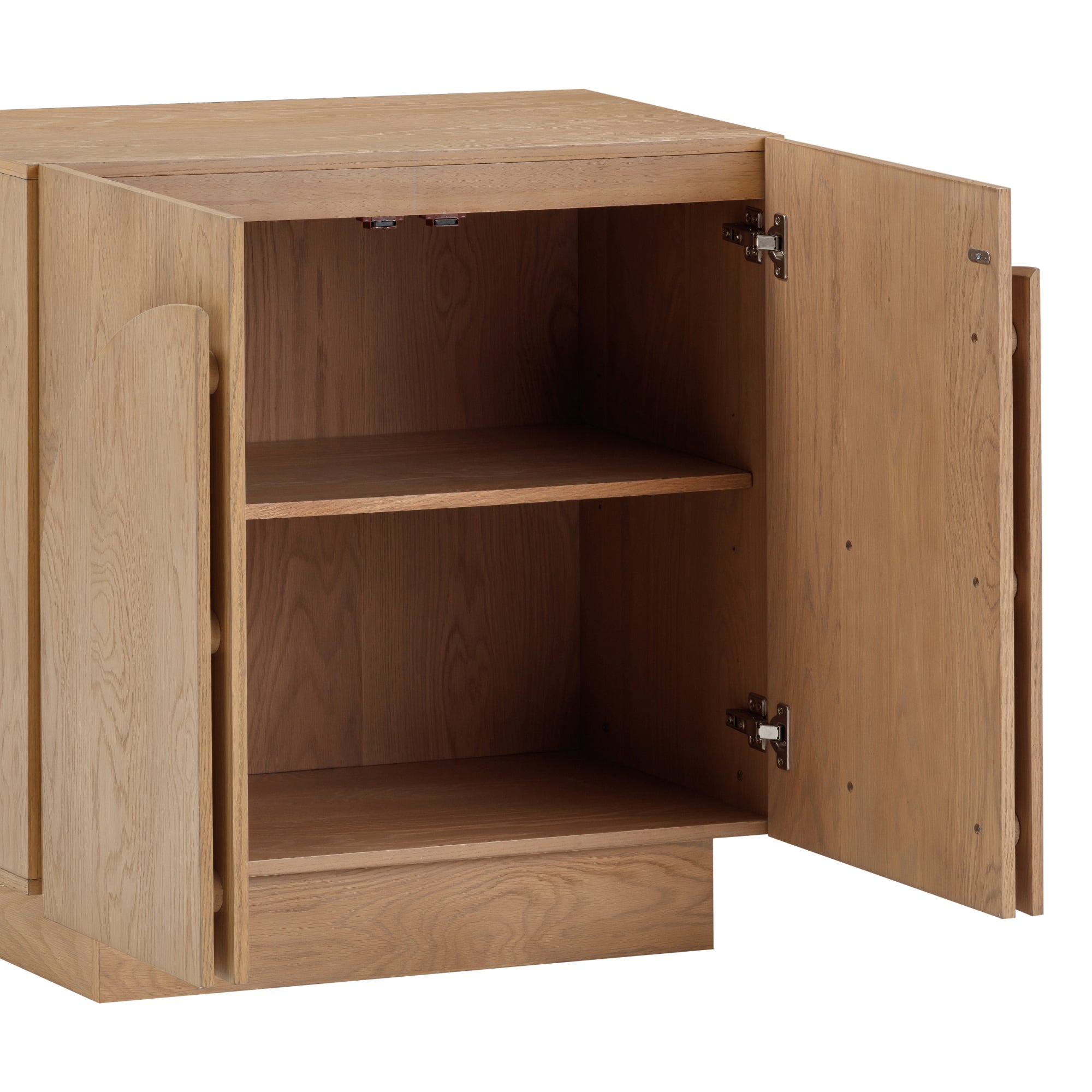 A wooden cabinet with two open doors revealing an empty interior and a single shelf inside. The cabinet has a natural wood finish and a simple, modern design.