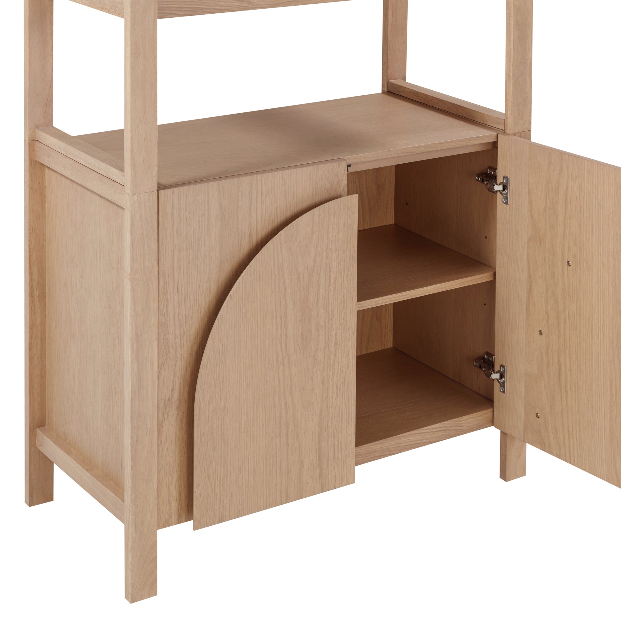 Light wood cabinet with two open doors revealing an inner shelf. The cabinet features simple, clean lines and a unique curved design on one of the doors. The surface and structure appear minimalist and modern.