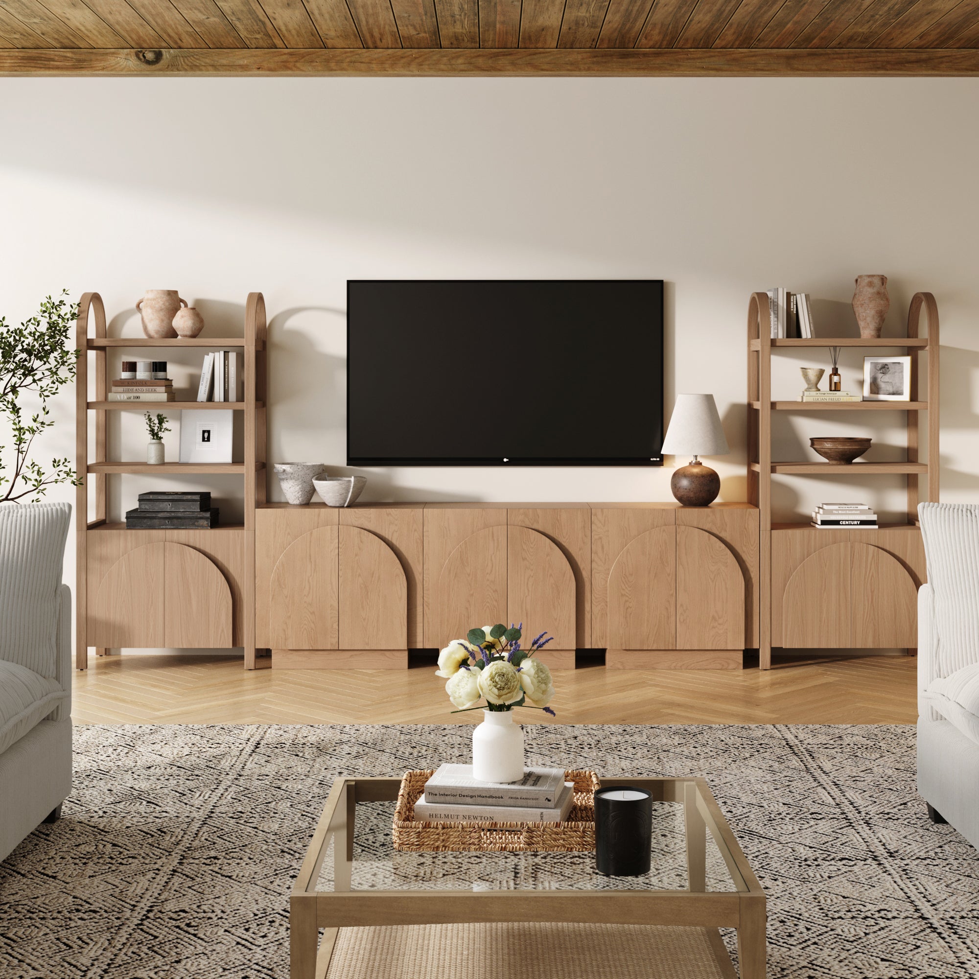 Mid - Century Modern Arched Wood Entertainment Center Oak (3 Cabinets) - Nathan James