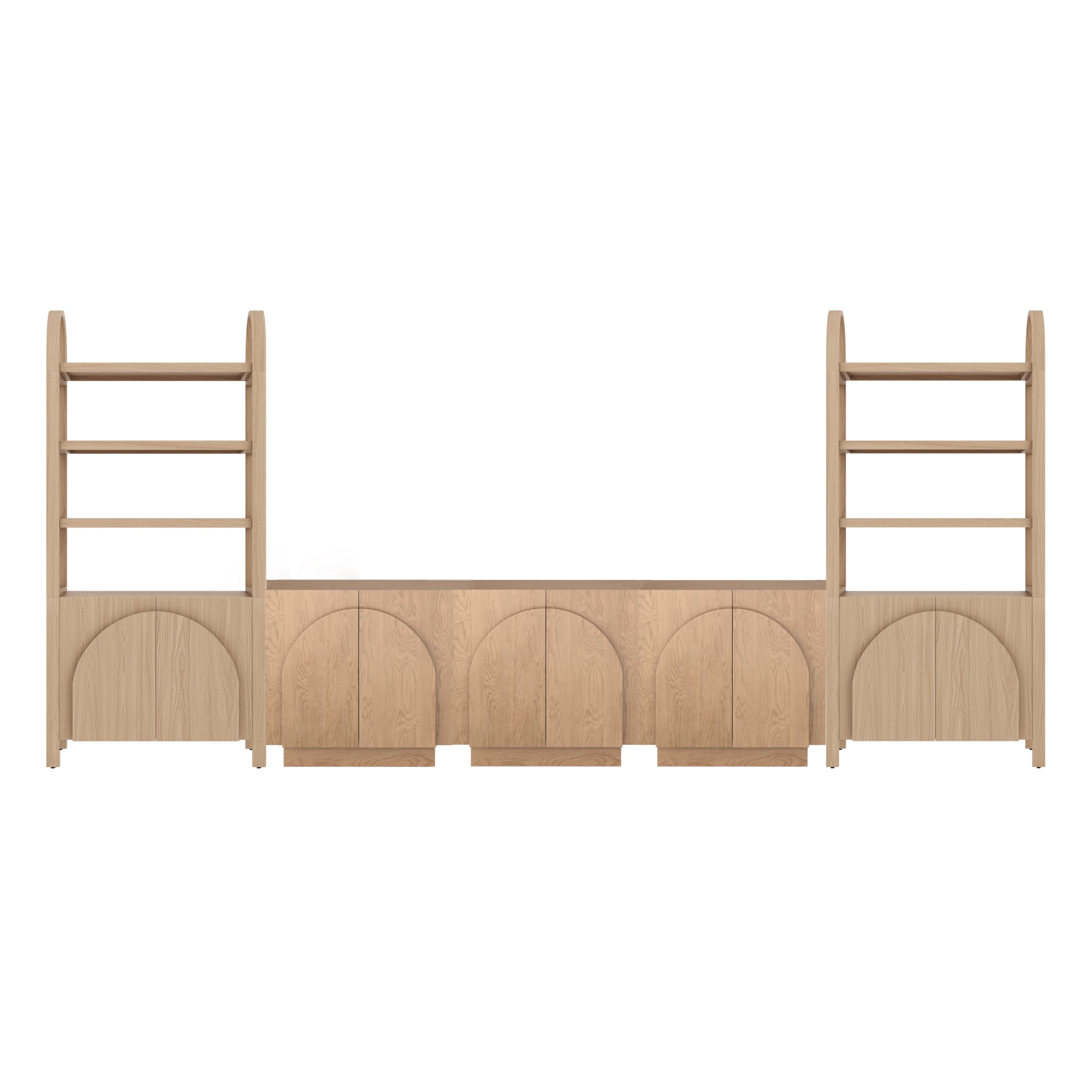 A wooden storage unit with two tall shelves on each end and four arched cabinet doors in the center, all in a light wood finish.