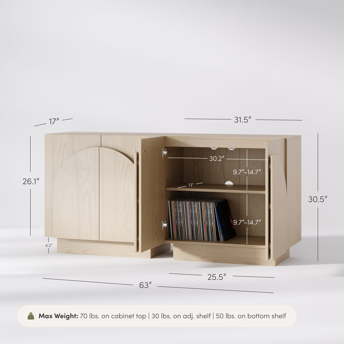 Two Nathan James Wood Mid-Century Arched Storage Cabinet Credenza Gray Oak units with arched doors, one shown open revealing shelving and vinyl records, annotated with height, width, depth dimensions, and a max weight note.