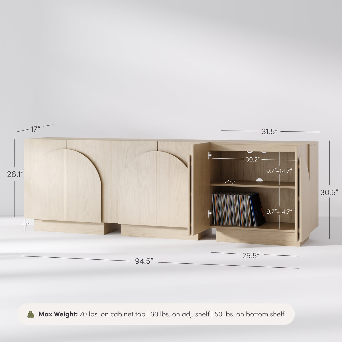 A set of three Nathan James Wood Mid-Century Arched Storage Cabinet Credenza Gray Oak units, one shown with doors open, featuring annotated dimension lines and a weight limit box highlighting the arched doors.