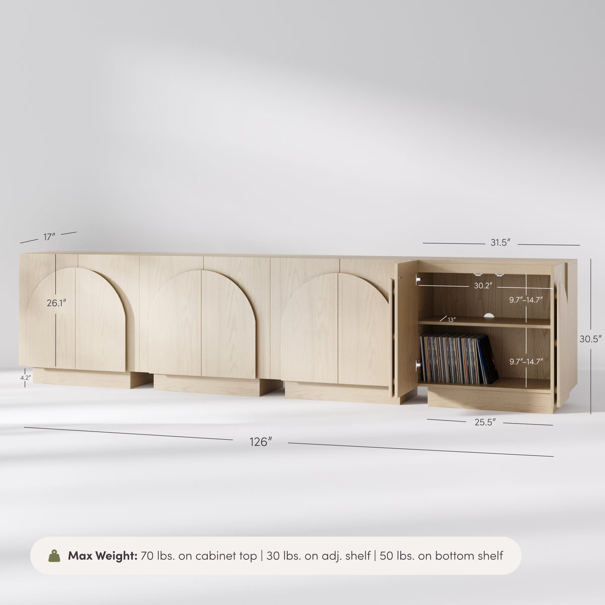 Four Nathan James Wood Mid-Century Arched Credenza Cabinet Gray Oak units arranged side by side, each with arched doors, one open to reveal adjustable shelving and vinyl records, labeled with dimensions and maximum weight capacity.