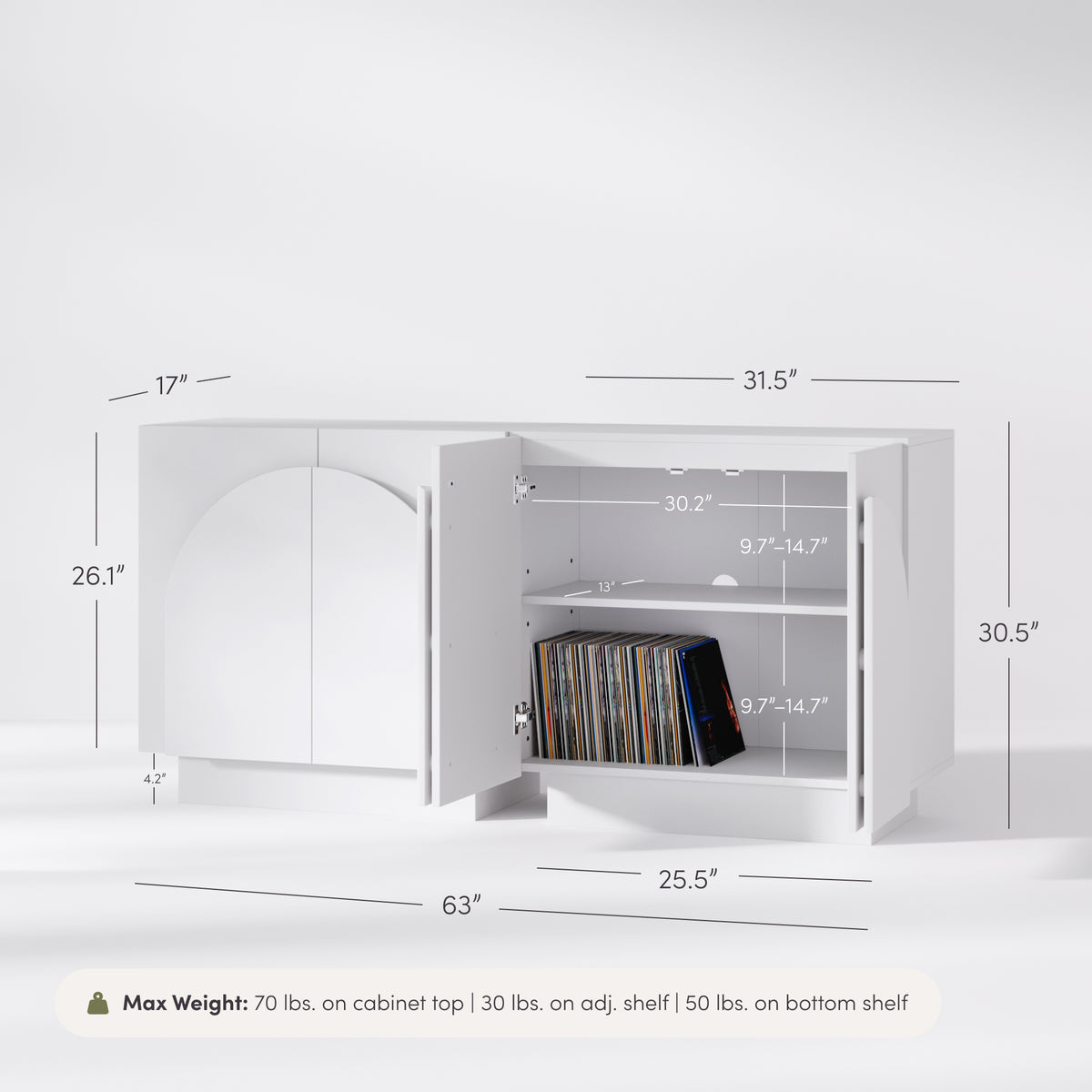 Nathan James Wood Mid-Century Arched Cabinet Credenza White shown with arched doors open to reveal an adjustable shelf and vinyl records, labeled with dimensions and weight capacity limits.