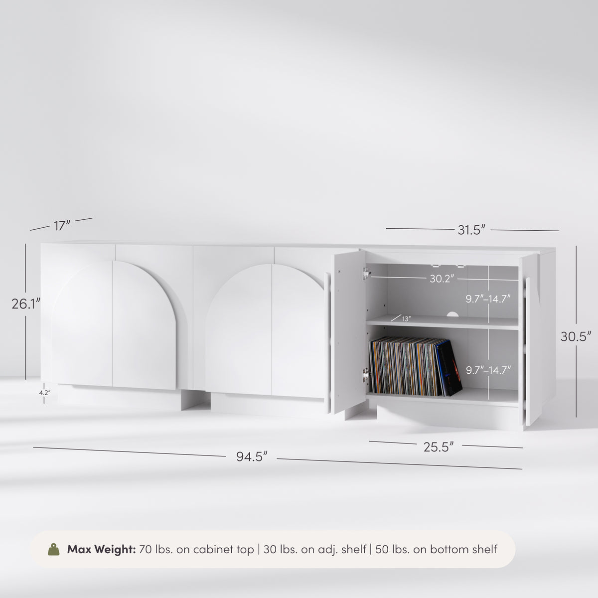 White Nathan James Wood Mid-Century Arched Cabinet Credenza with three doors and one cabinet open, showing adjustable interior shelves and dimensions labeled in inches.