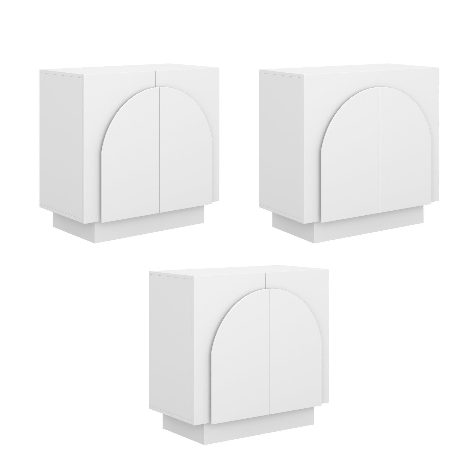 Three identical white cabinets with double doors and large arch-shaped designs on the fronts, displayed against a plain white background.