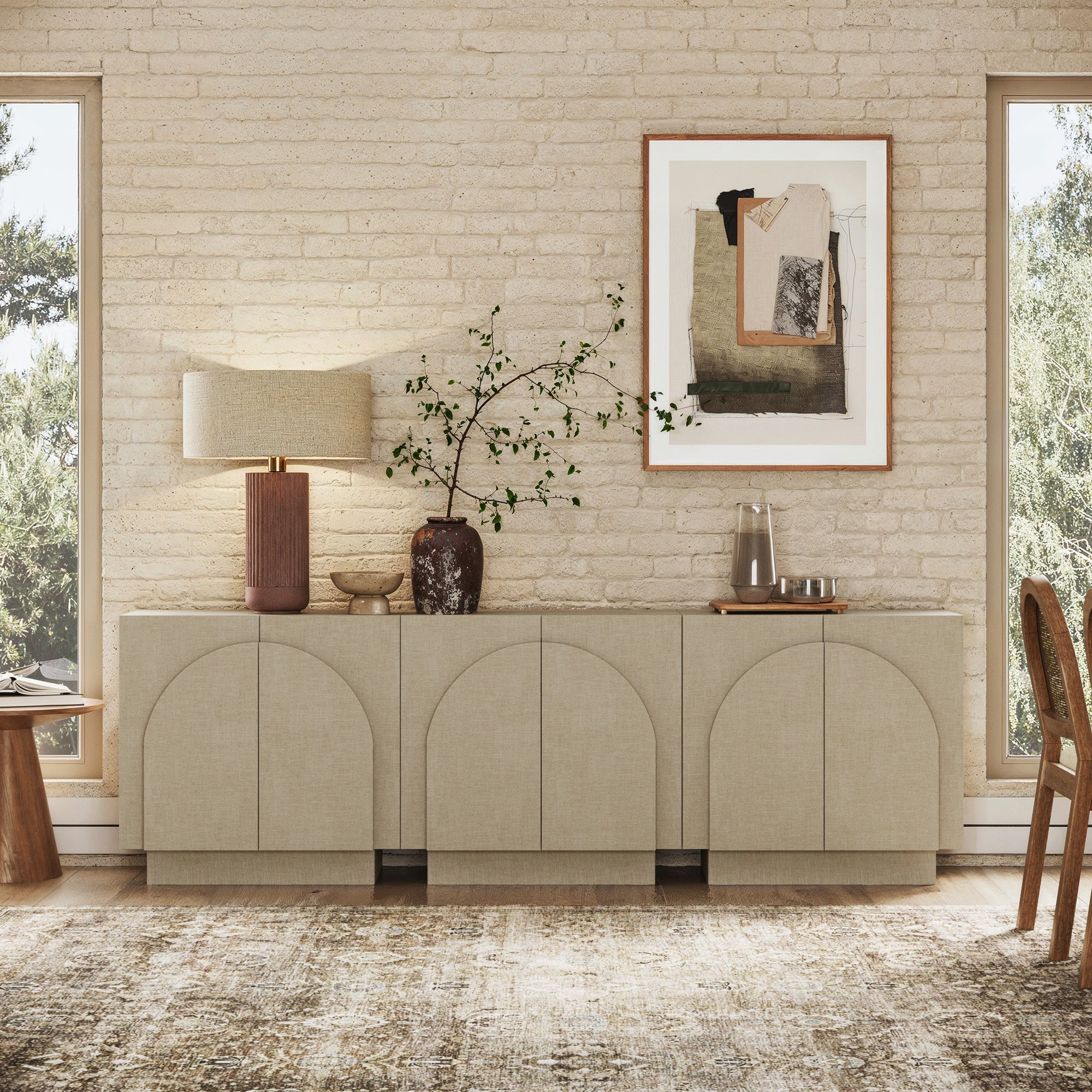Arched TV Console Cabinet for TVs 75 - 85" Beige Linen - Nathan James