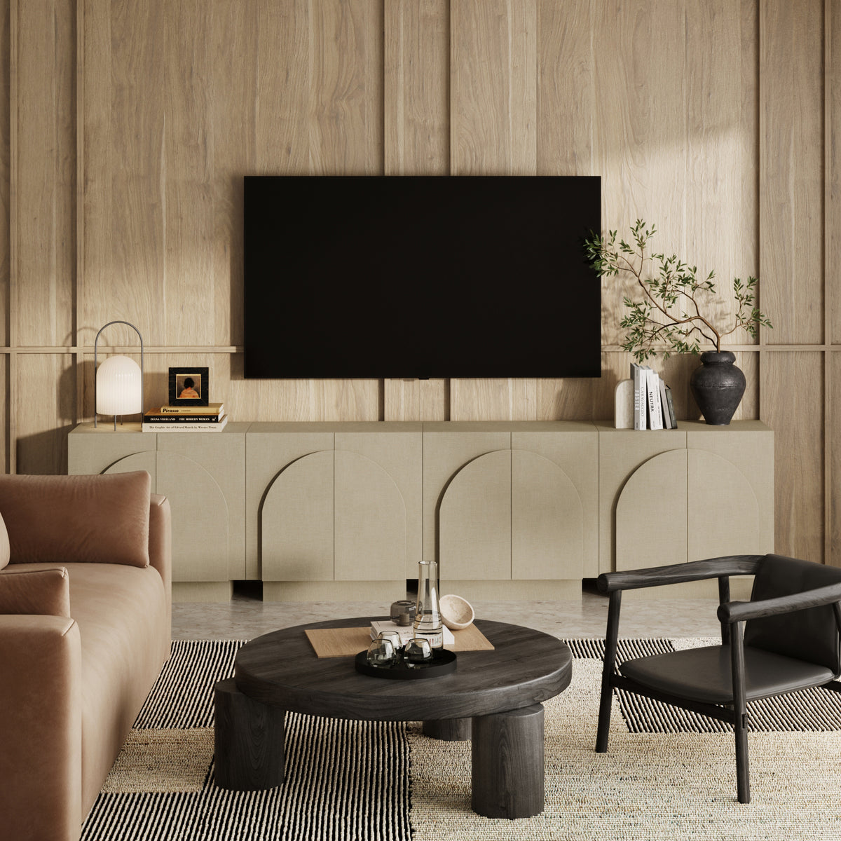 Arched TV Console Cabinet for TVs 85" Beige Linen - Nathan James