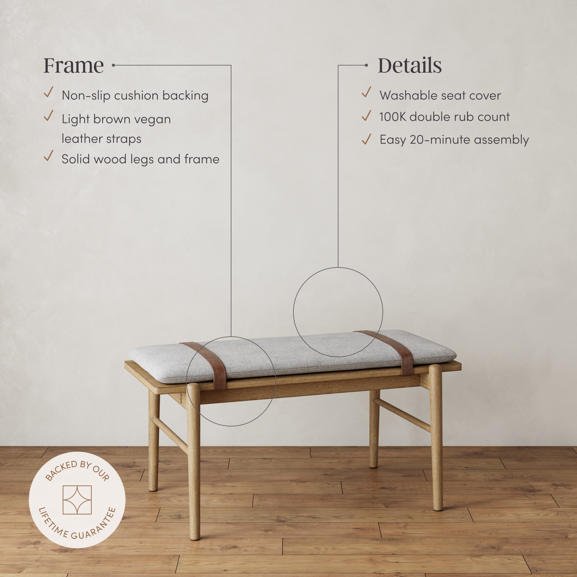 Wood Removable Cushion Upholstered Bench - Nathan James