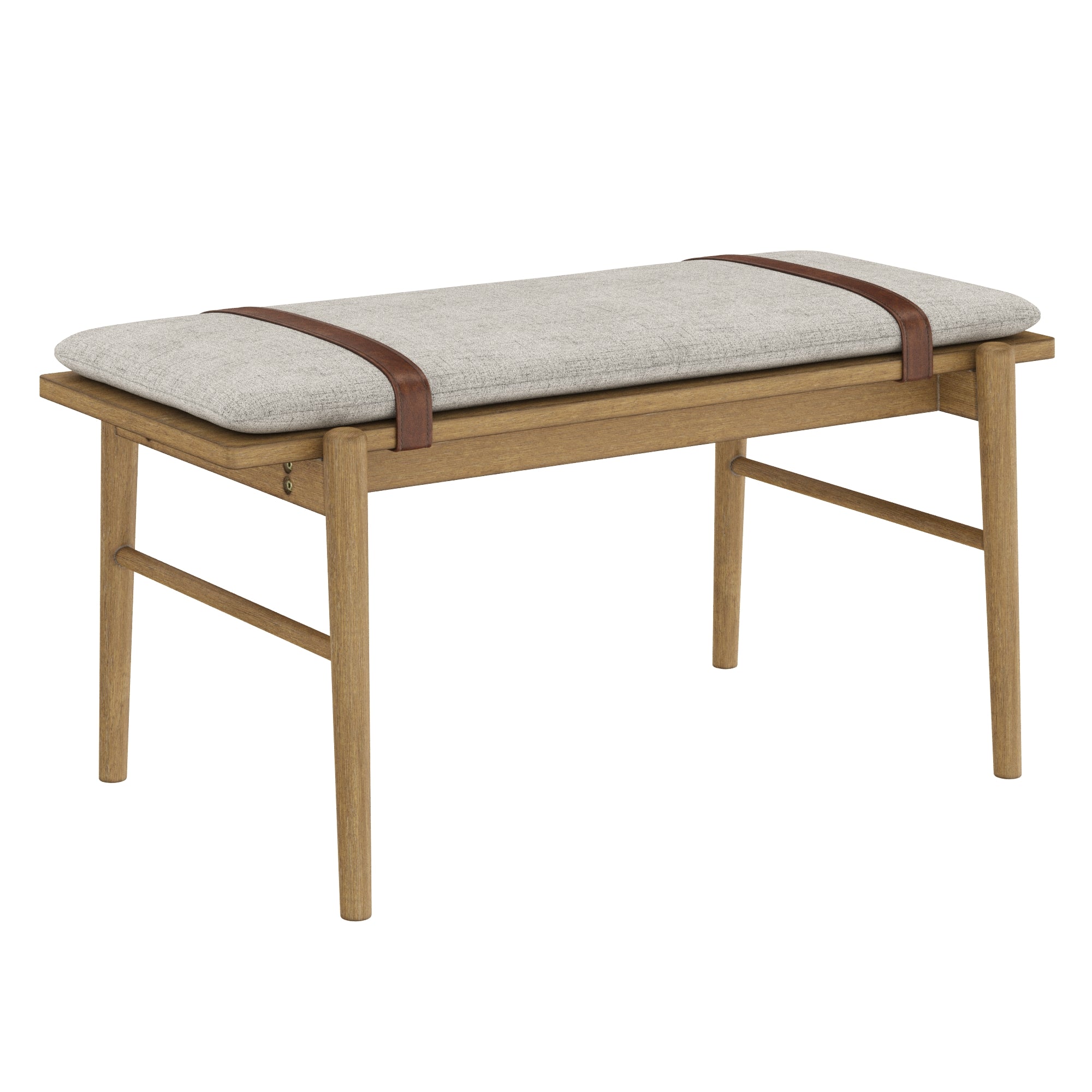 A wooden bench with a light gray cushion strapped to the seat with two brown leather bands. The bench has simple, clean lines and tapered legs.
