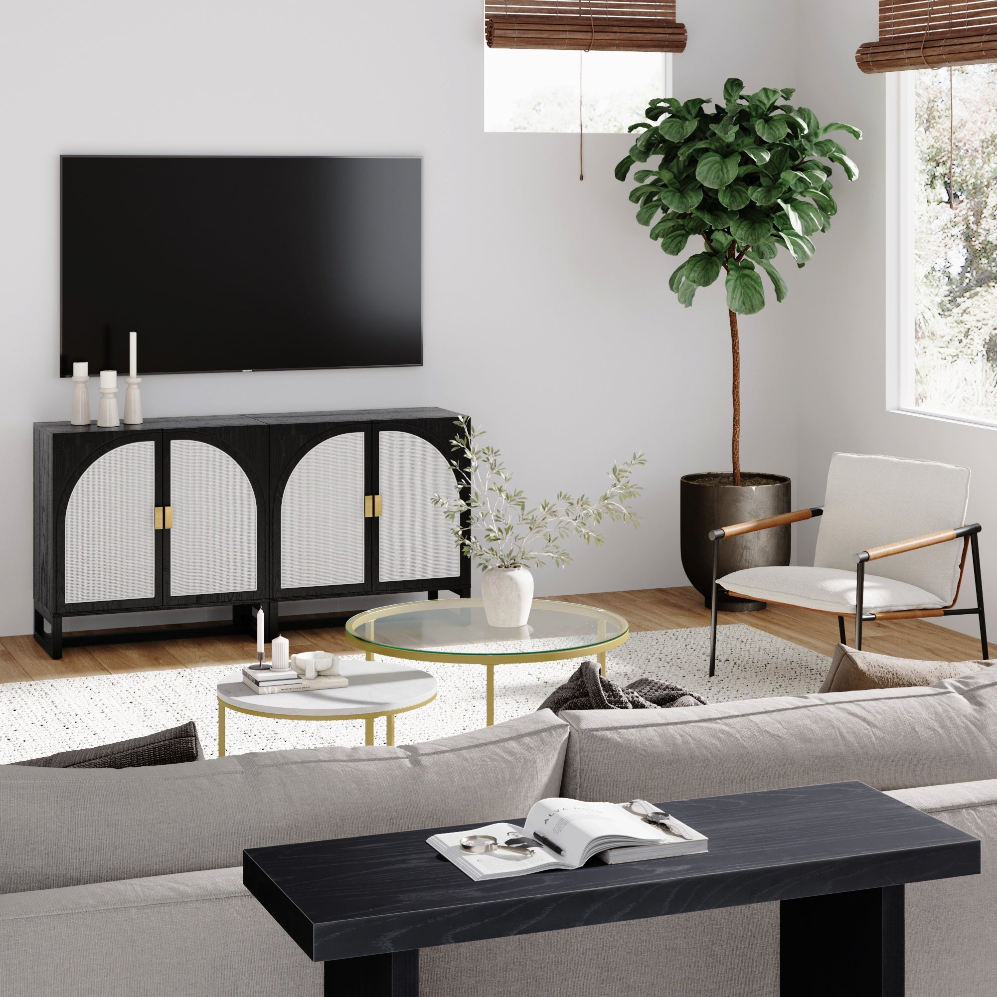 Rattan Arched TV Stand Media Console for 55 - 65" TVs Black - Nathan James