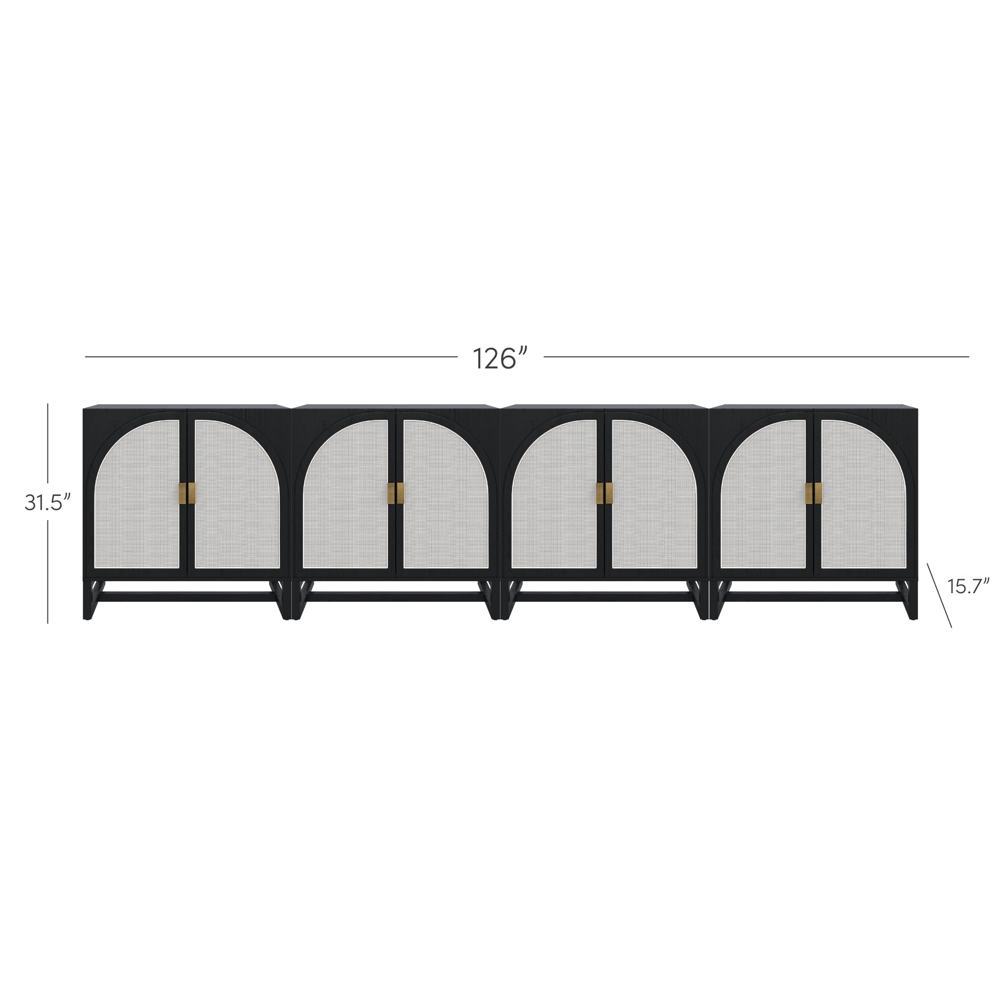 A long, black sideboard with four arched cabinet doors and gold handles. Dimensions are 126 inches wide, 31.5 inches high, and 15.7 inches deep.