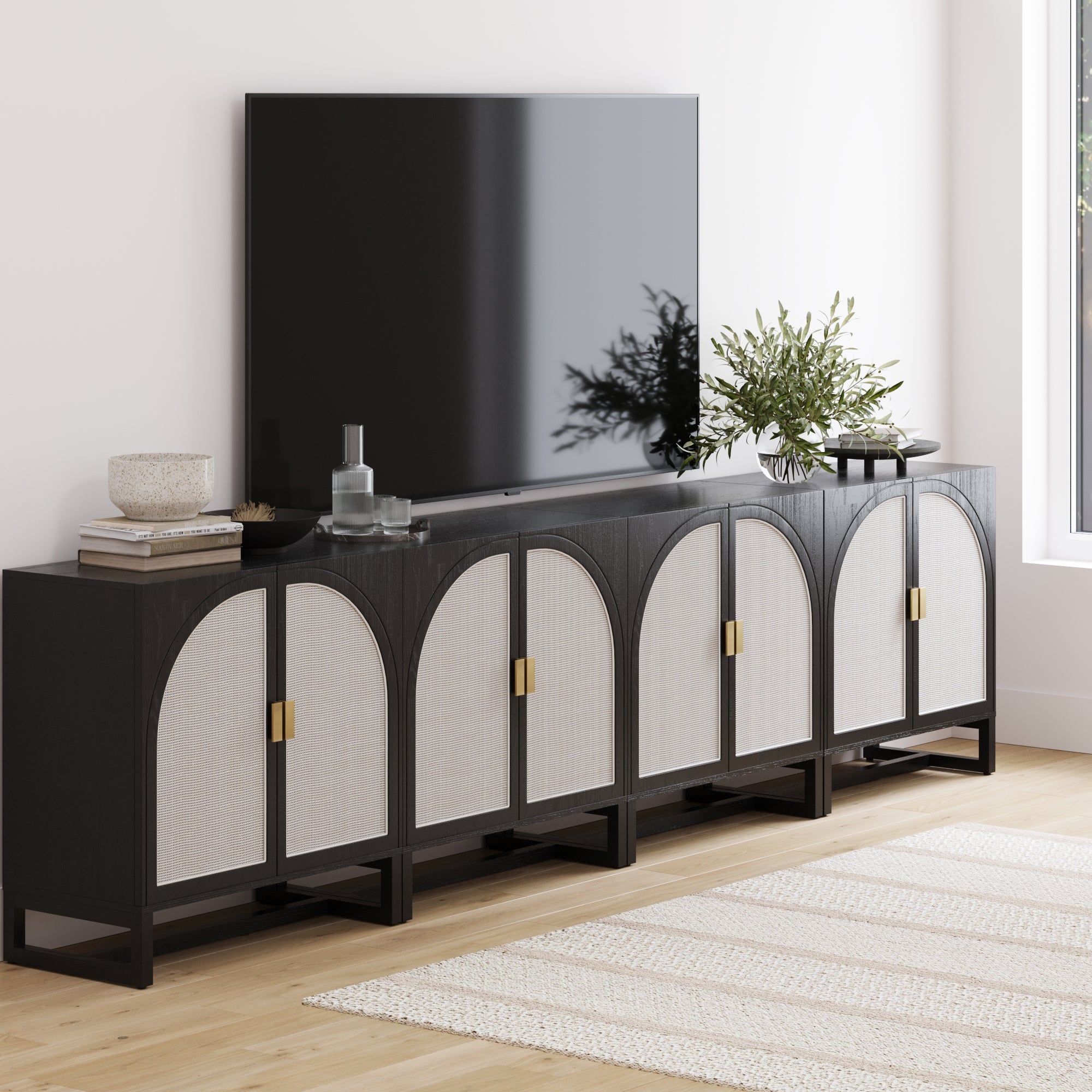 Rattan Arched TV Stand Media Console for 85" TVs Black - Nathan James