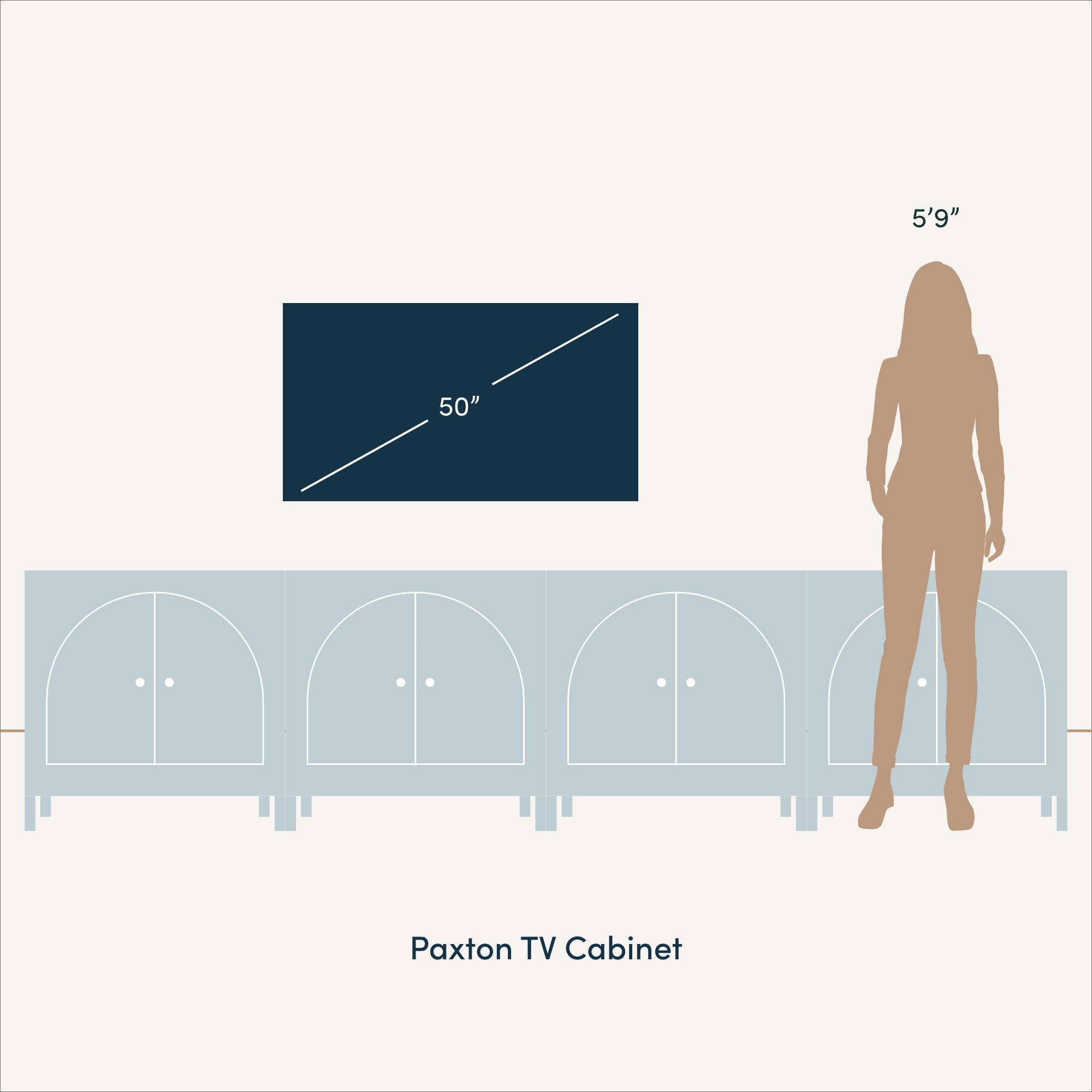Illustration of a Paxton TV Cabinet with a 50-inch TV on the wall above it and a person 59 tall standing next to the cabinet for scale.