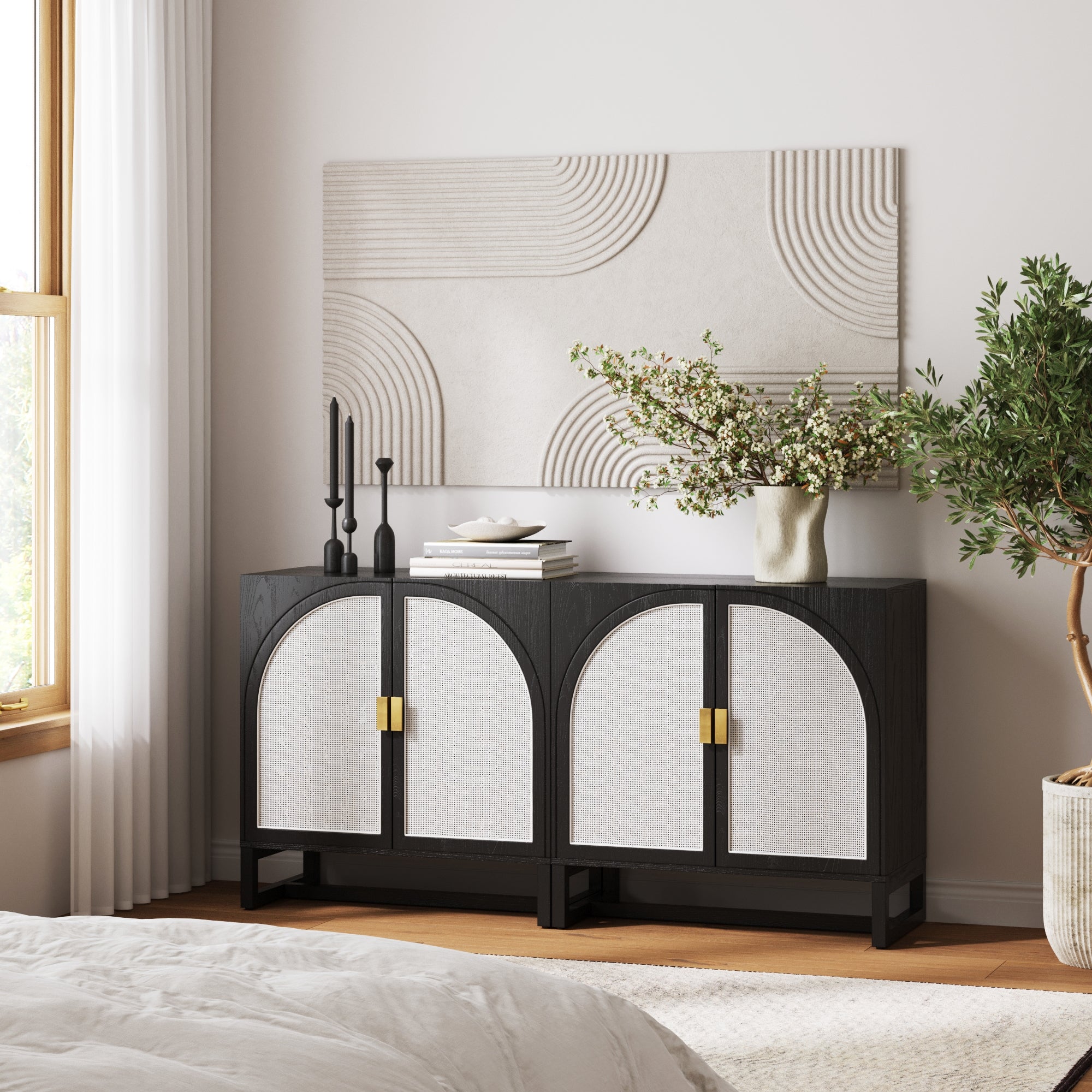 Boho Rattan Arched Door Storage Cabinet Black - Nathan James