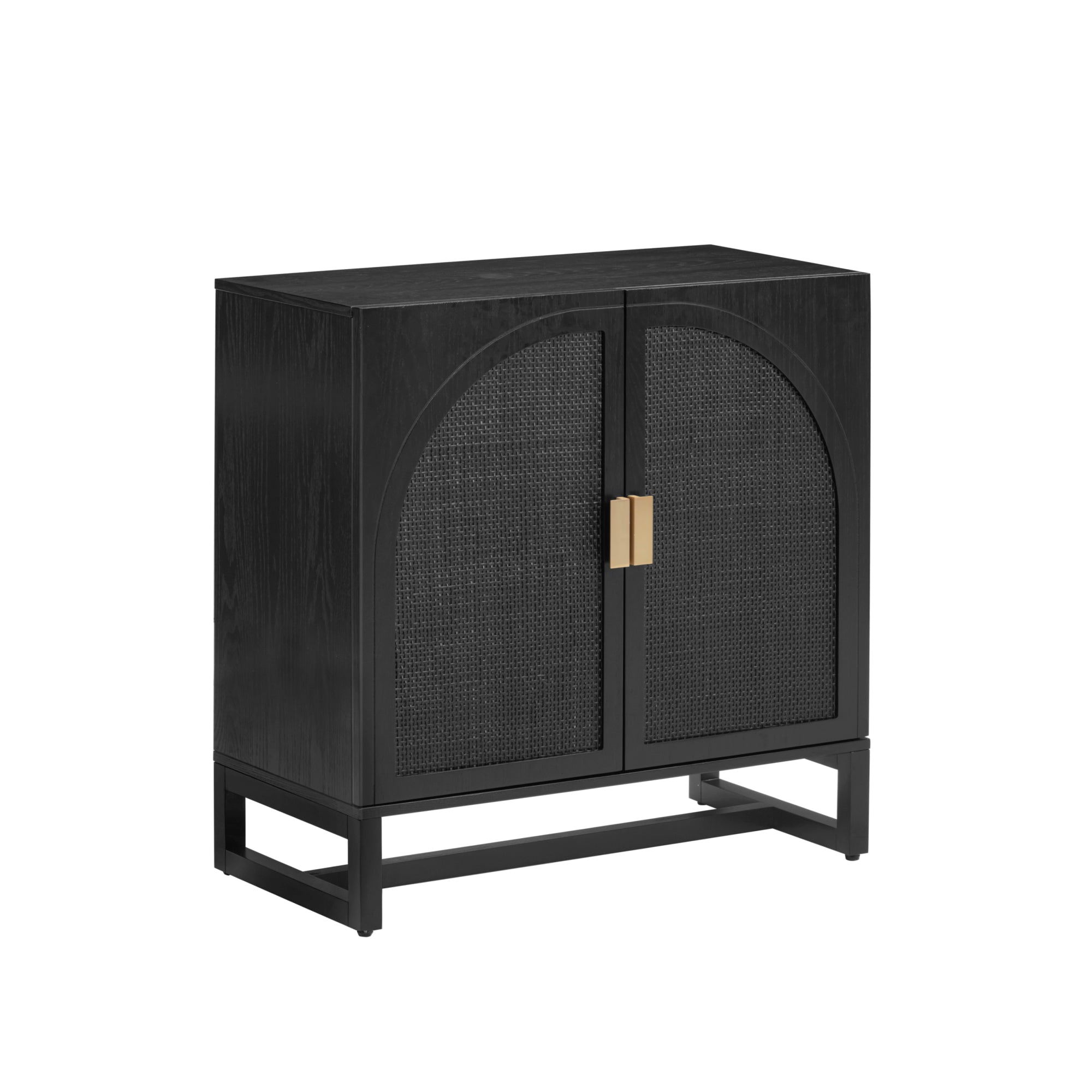 A modern black wooden cabinet with arched double doors, woven panel detailing, gold rectangular handles, and an open base frame. The cabinet is photographed against a white background.