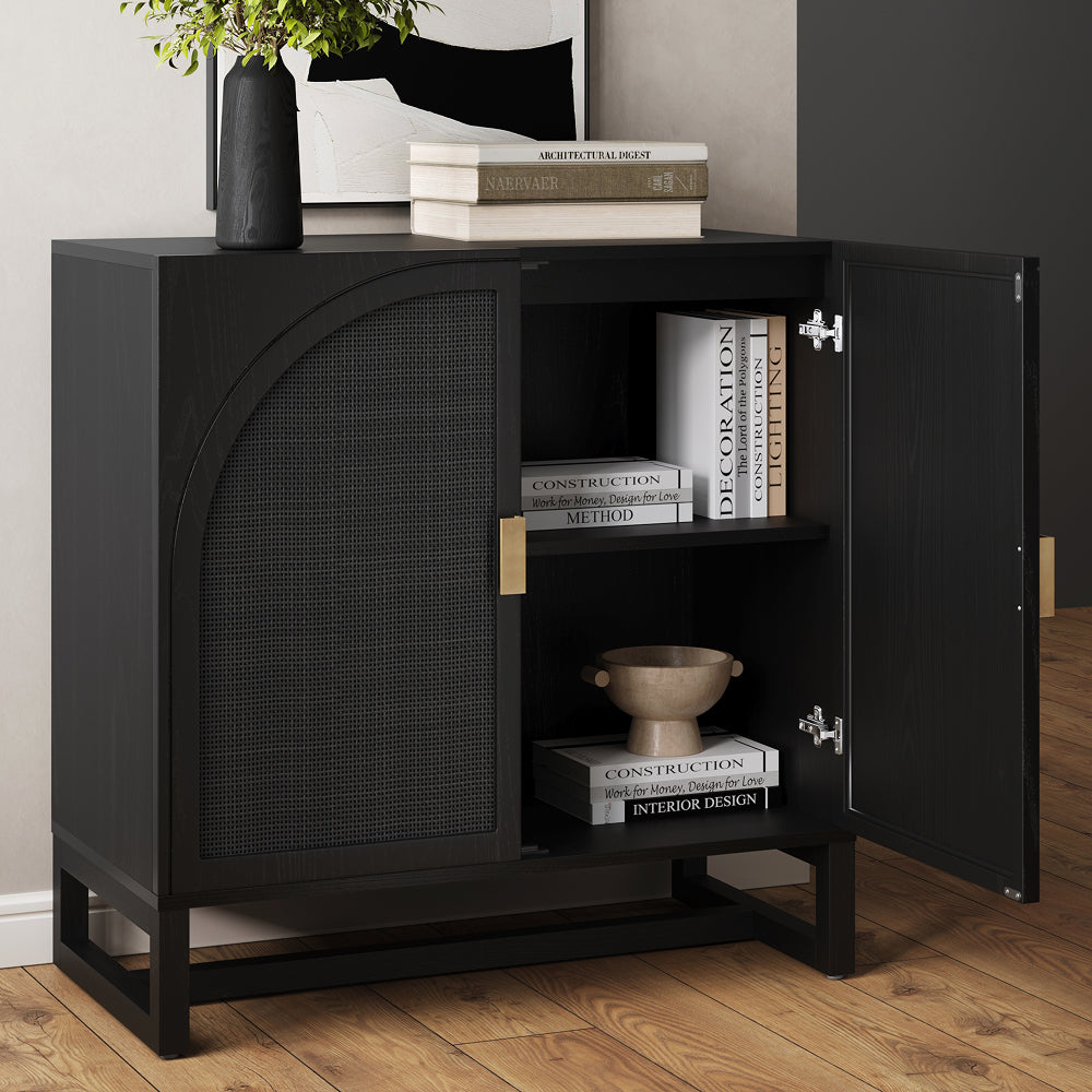 Black cabinet with an arched mesh door, one open door, and shelves containing books and a bowl.