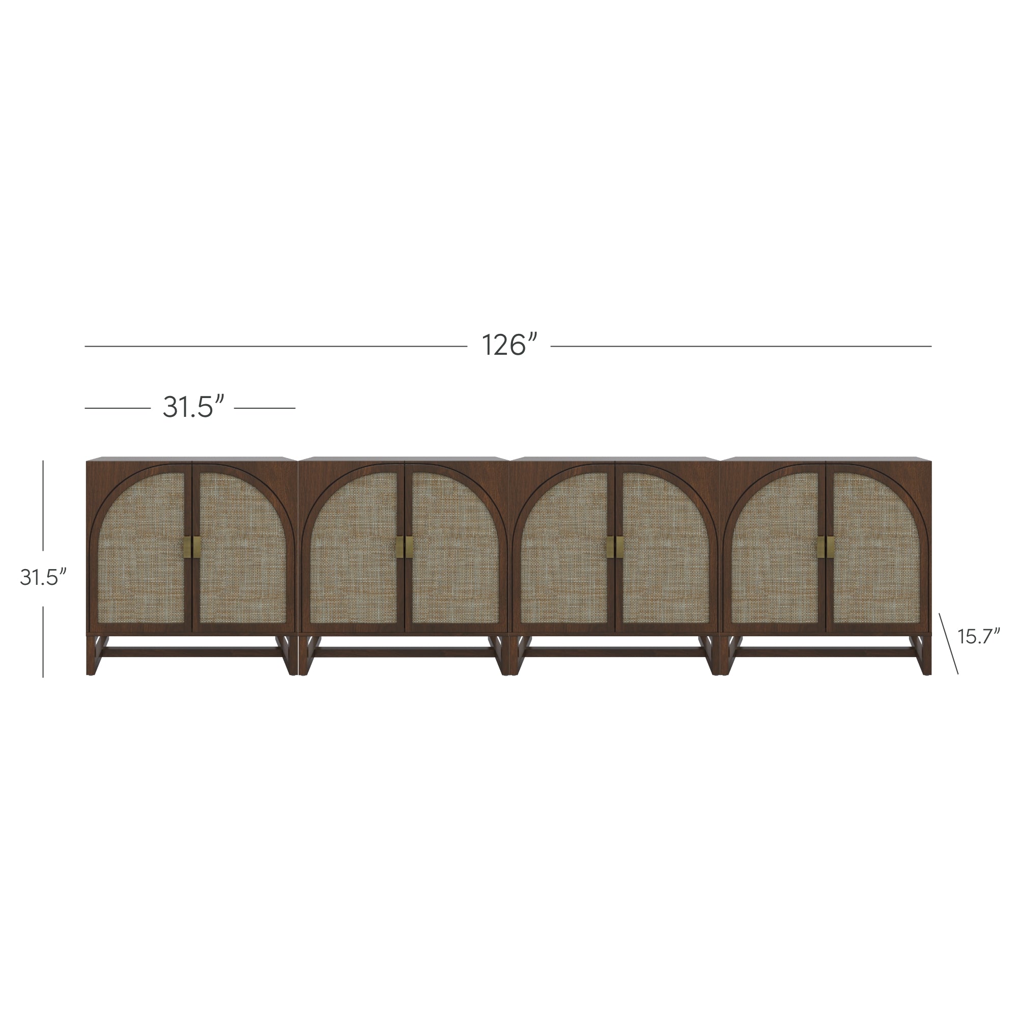 A long wooden sideboard measuring 126 inches wide, 31.5 inches high, and 15.7 inches deep, with four segments featuring arched, woven panel doors and brass handles.