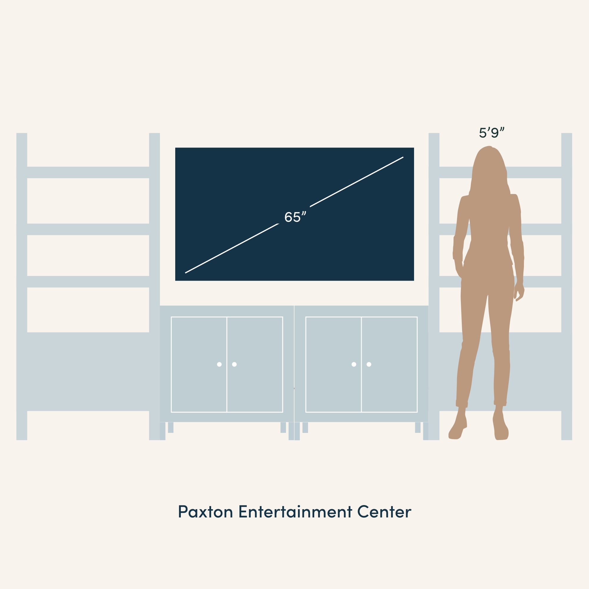 Illustration of a Paxton Entertainment Center with a 65-inch TV and a silhouette of a 5’9” person standing beside it for scale. The entertainment center has shelves and cabinets.