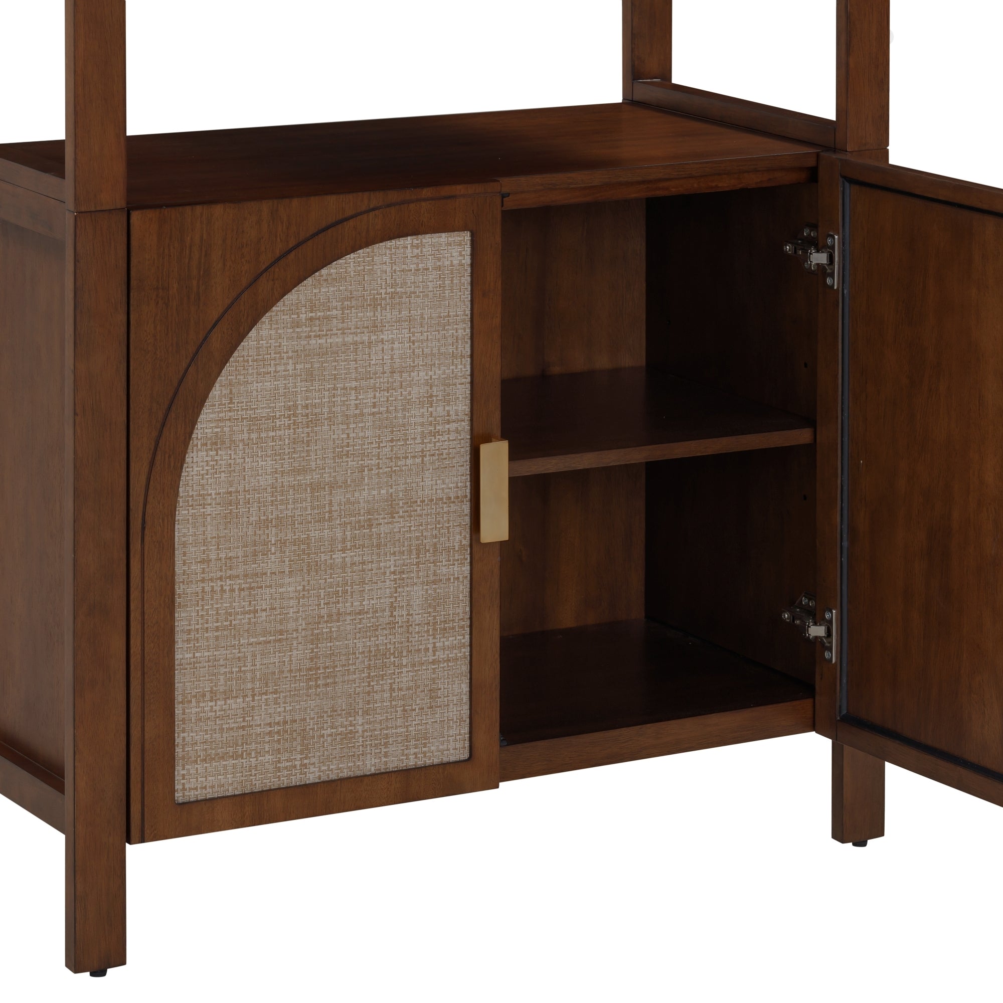 A wooden cabinet with one door open, revealing two interior shelves. The door features a textured panel with a curved edge and a rectangular gold handle. The cabinet has a mid-century modern design.