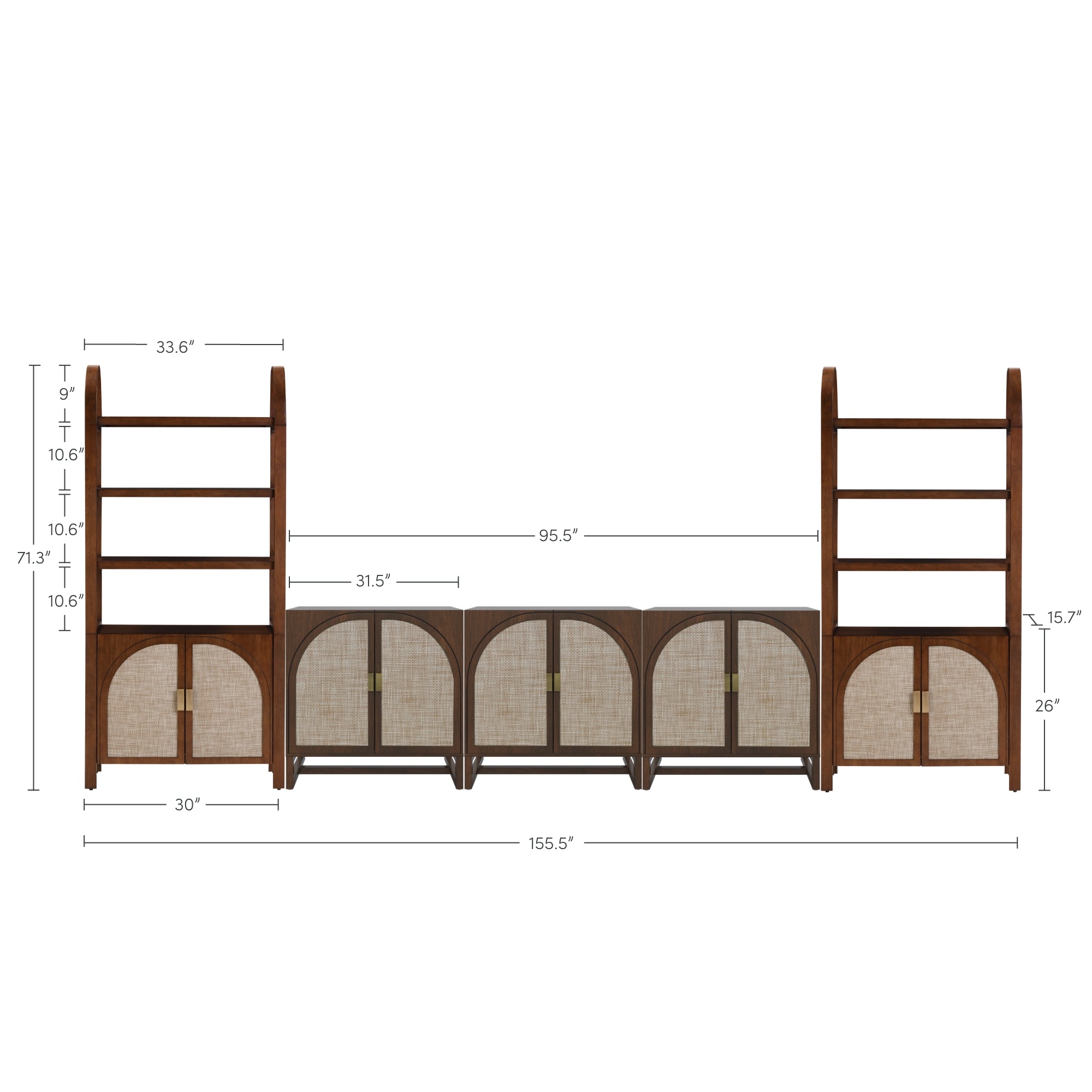 A modular brown shelving unit with cane cabinet doors, two tall side shelves, and four central cabinets. Measurements are labeled: total width 155.5, side shelf height 71.3, central unit height 26, and various shelf heights and widths.