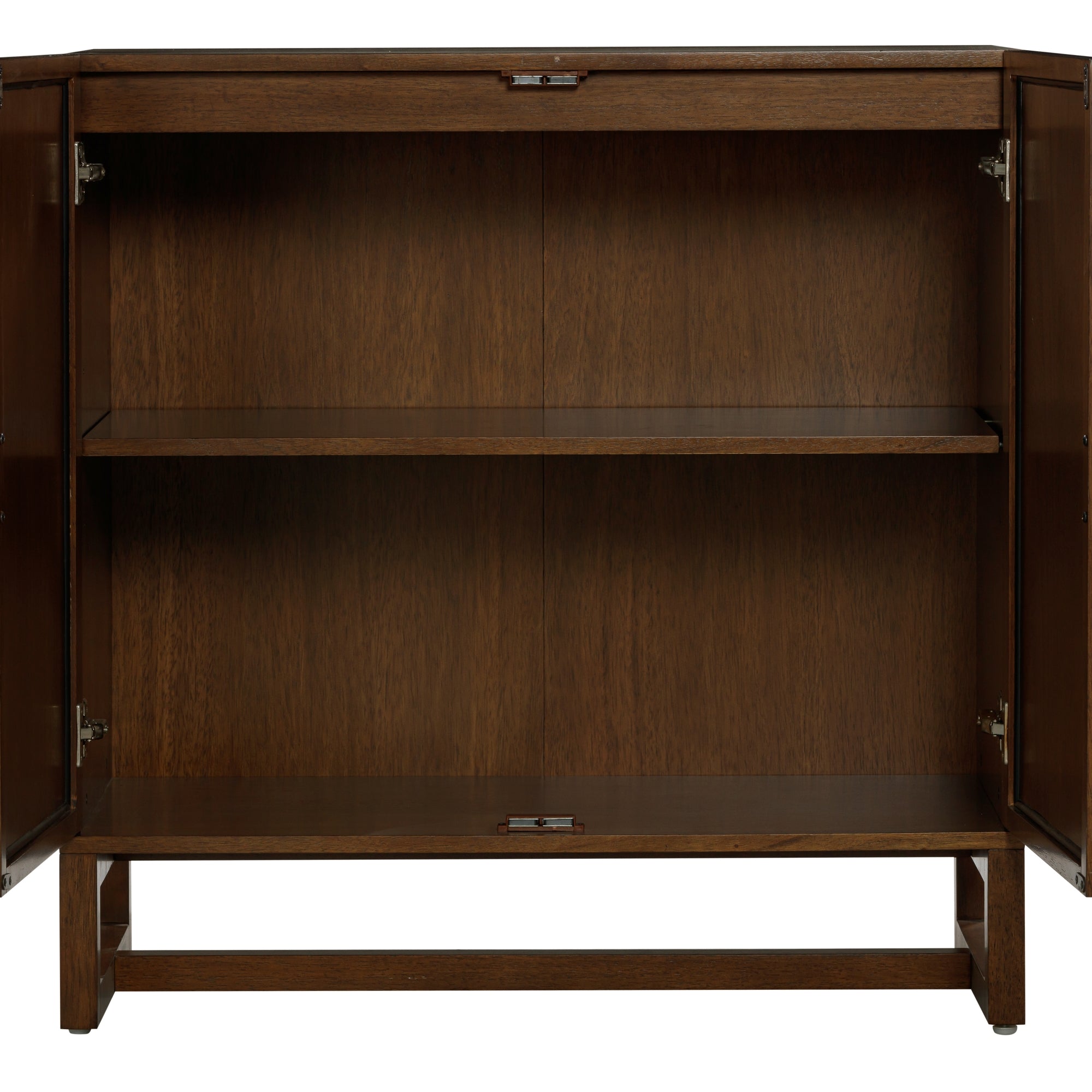 A dark wood cabinet with two open doors, revealing a single interior shelf and an empty storage space inside.