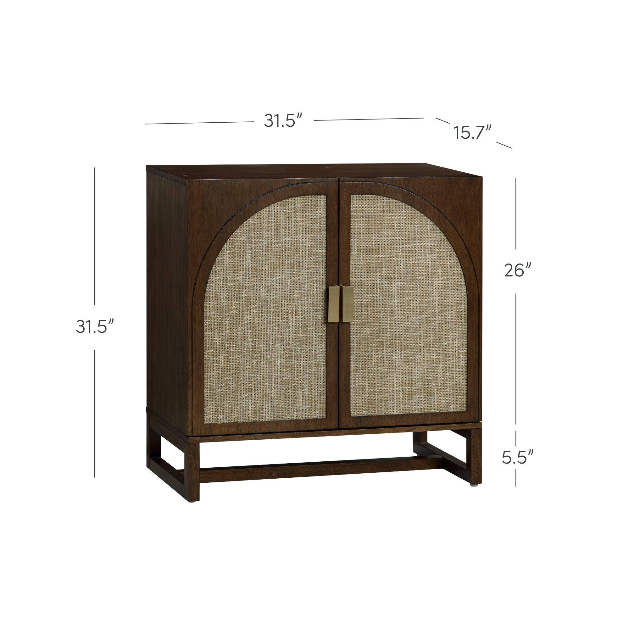 A dark wood cabinet with two arched woven cane doors, gold rectangular handles, open base, and measurements: 31.5 wide, 15.7 deep, 31.5 tall, doors are 26 high, and the base is 5.5 high.