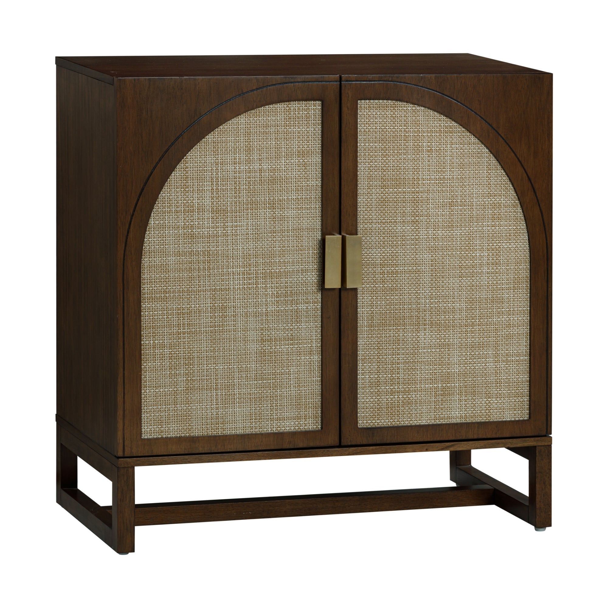 A wooden cabinet with a dark brown frame, featuring two front doors with woven rattan panels and a central gold-colored rectangular handle. The cabinet has a modern, minimalist design and open rectangular legs.
