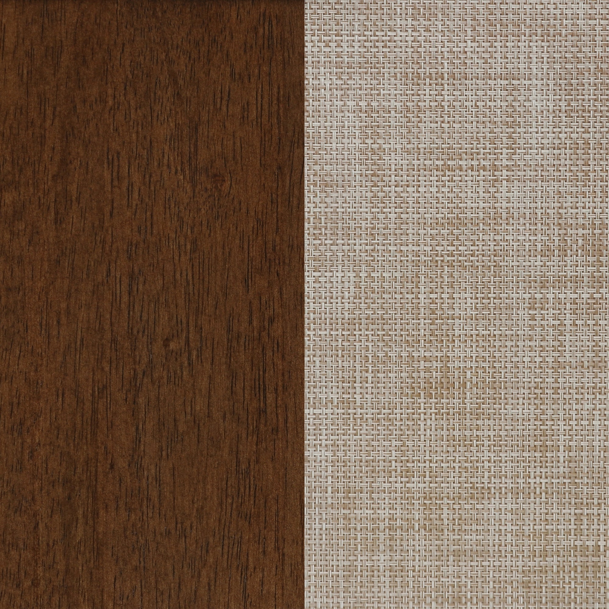 A split background showing two textures: the left side is dark brown wood with a natural grain, and the right side is a light beige woven fabric with a visible grid pattern.