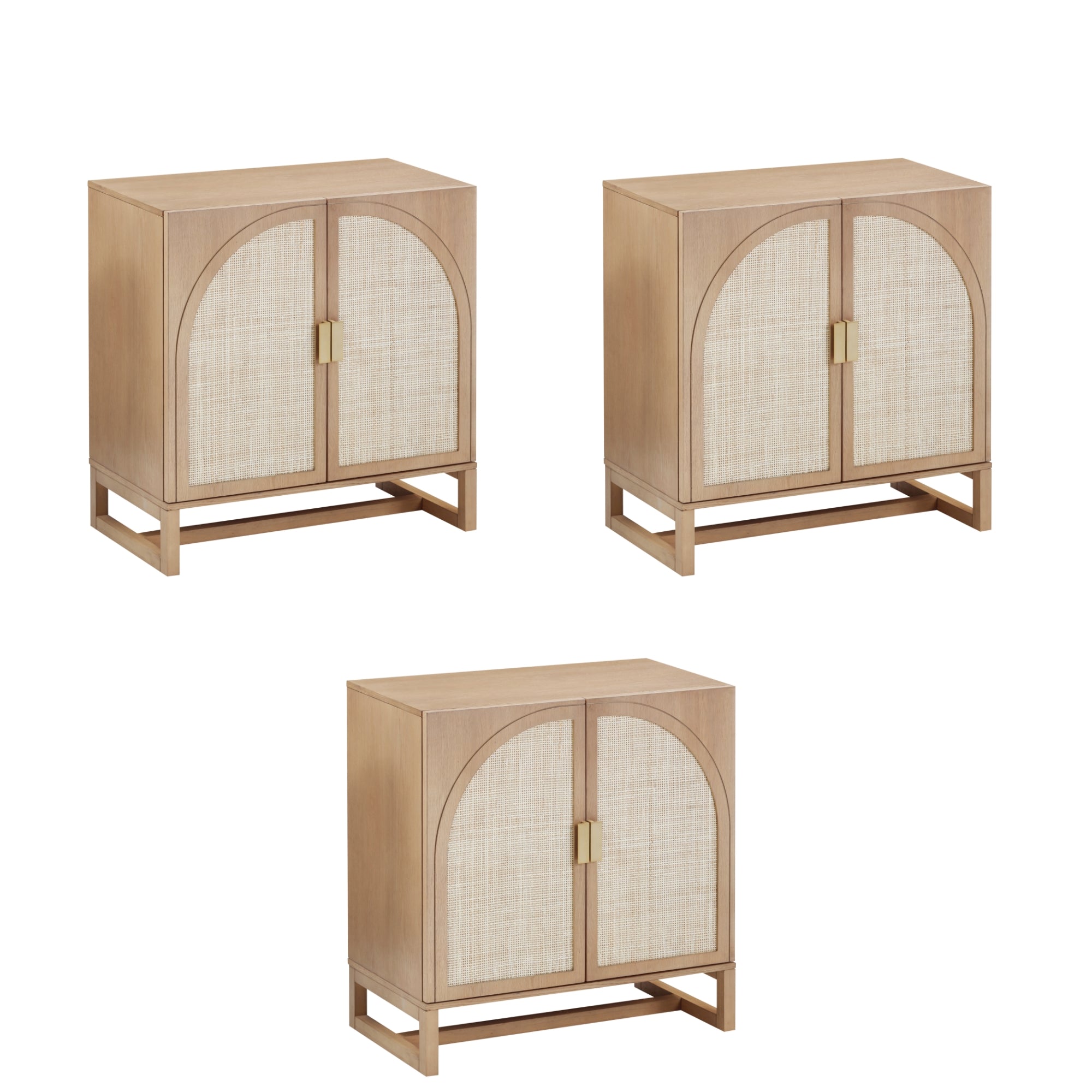 Three identical light wood cabinets with woven rattan double doors and gold rectangular handles, each shown from a slightly different angle on a plain white background.