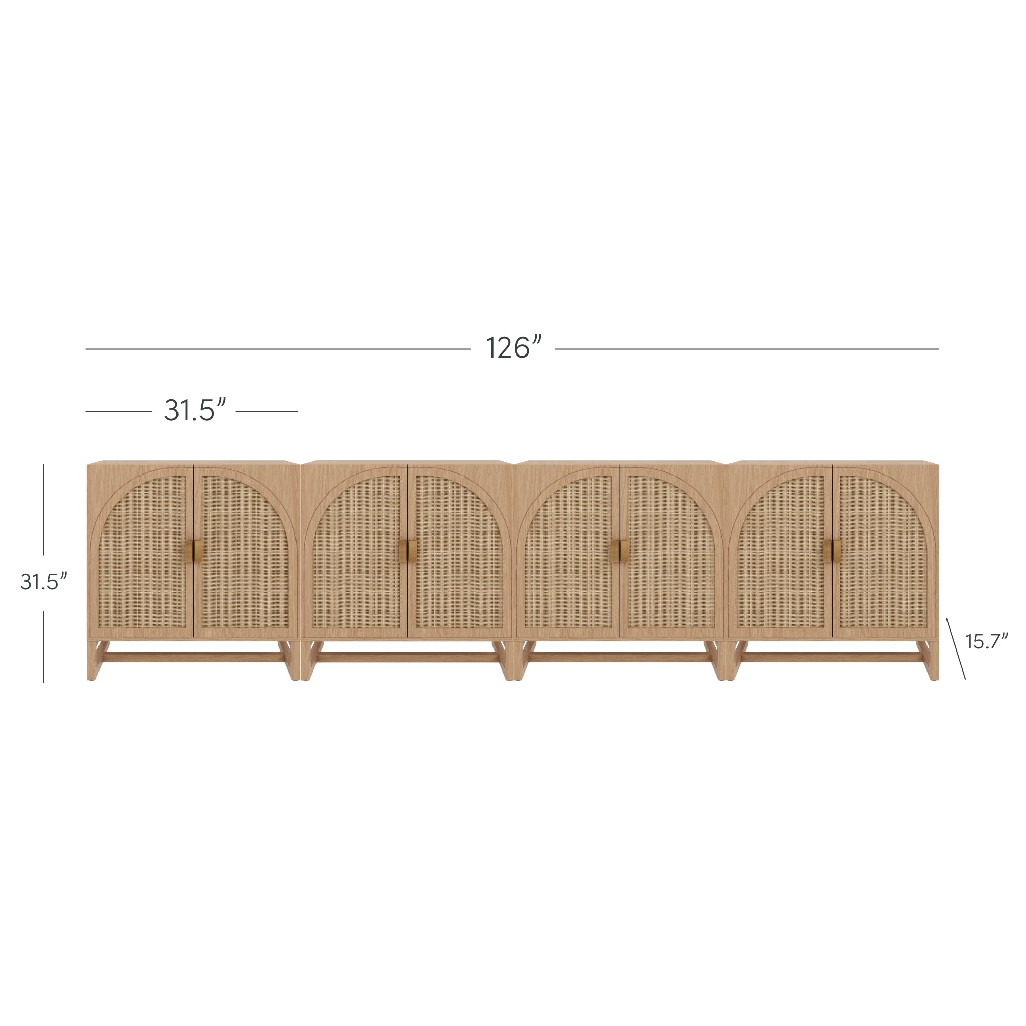 Long light wood sideboard with four cabinet doors featuring arched designs and cane panels. The sideboard measures 126 wide, 31.5 tall, and 15.7 deep, with labeled dimensions above and beside the unit.