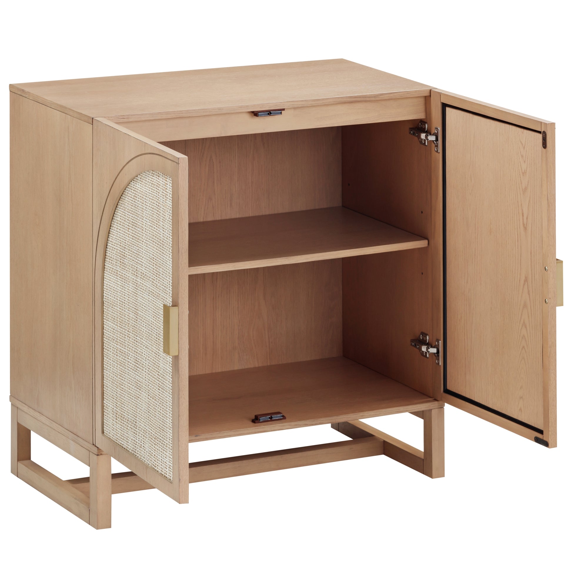 A light wood cabinet with two open doors revealing a single interior shelf. The left door features a woven rattan panel, while the right door is plain. The cabinet has simple, modern lines and rectangular legs.