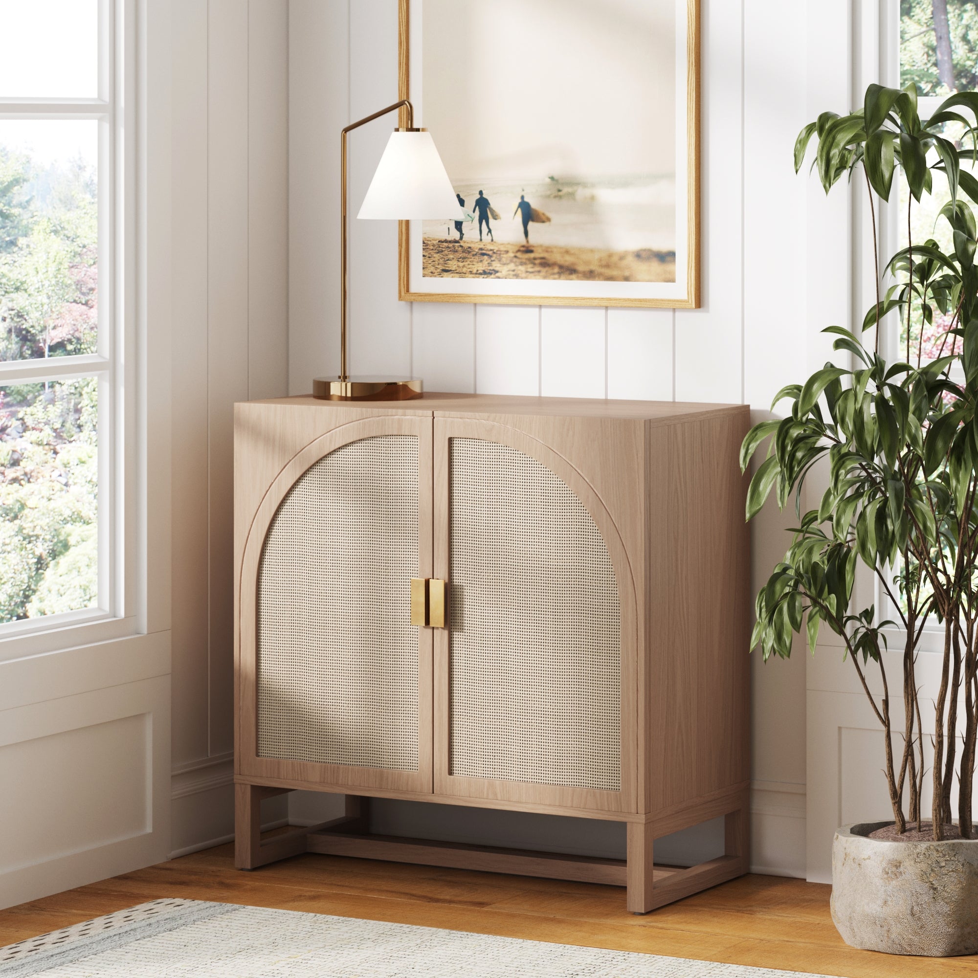 Boho Rattan Arched Door Storage Cabinet Raw Oak - Nathan James