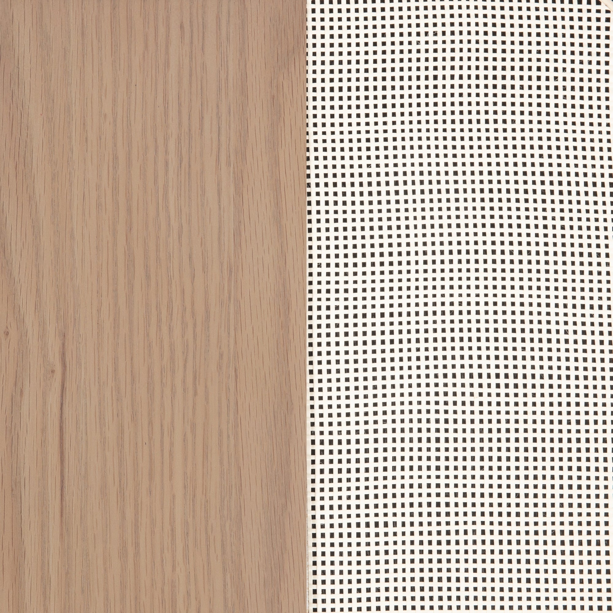 A split image: the left side shows smooth, light wood grain, while the right side shows a grid of small black squares on a white background, distorted in a wave pattern.