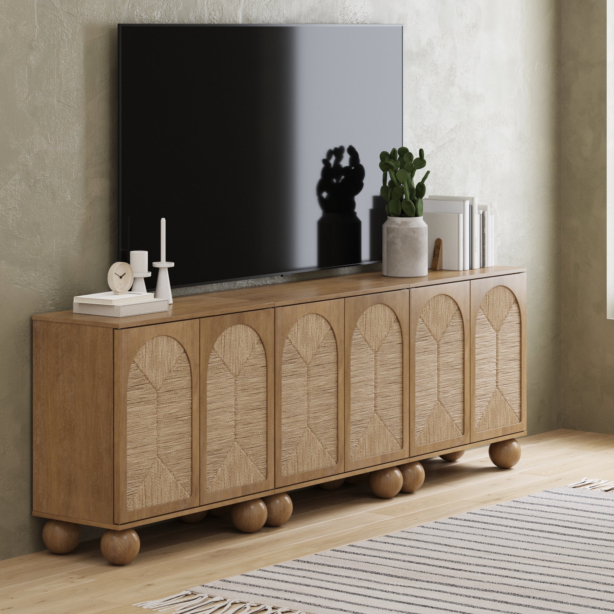 Seagrass Arched TV Console Cabinet for 75 - 85" TVs Light Brown - Nathan James