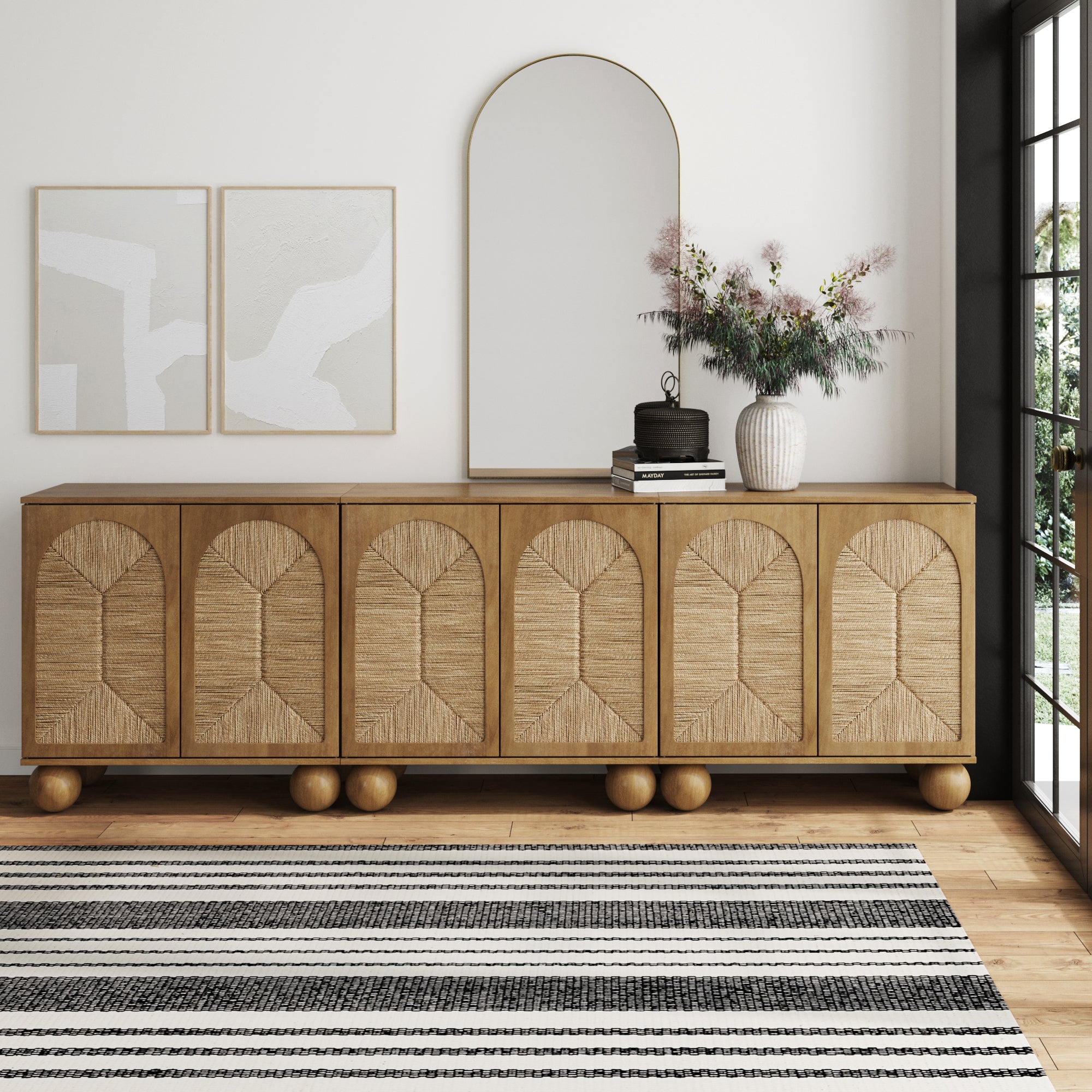 Seagrass Arched Storage Cabinet Credenza Light Brown (Set of 3) - Nathan James