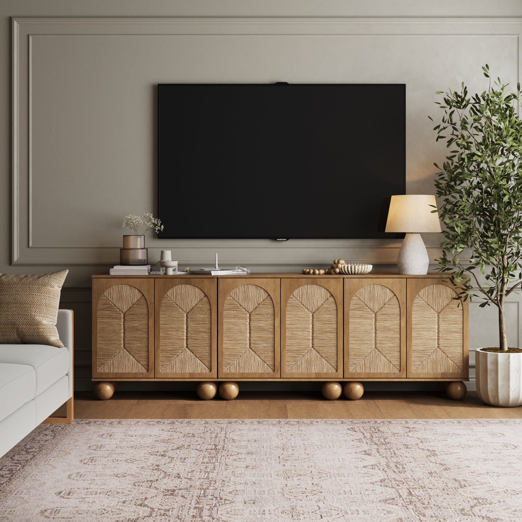 Seagrass Arched TV Console Cabinet for 75 - 85" TVs Light Brown - Nathan James