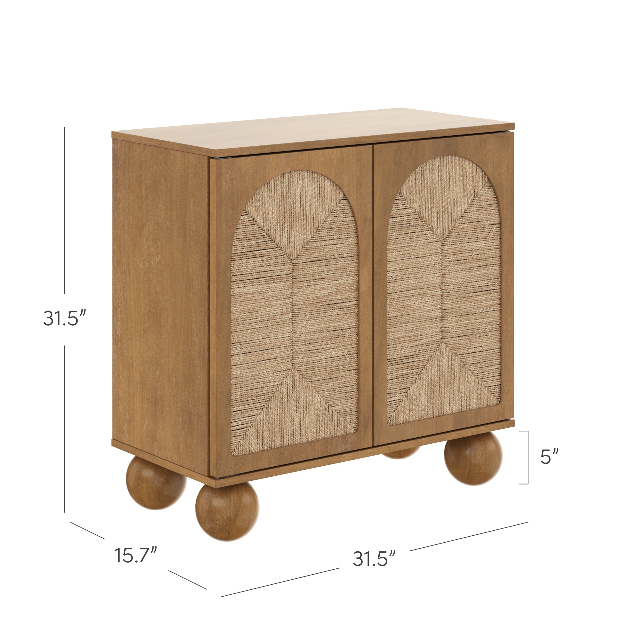 A small wooden cabinet with two doors featuring textured, woven panels and large round feet. Dimensions are 31.5 high, 31.5 wide, 15.7 deep, and the feet are 5 tall.