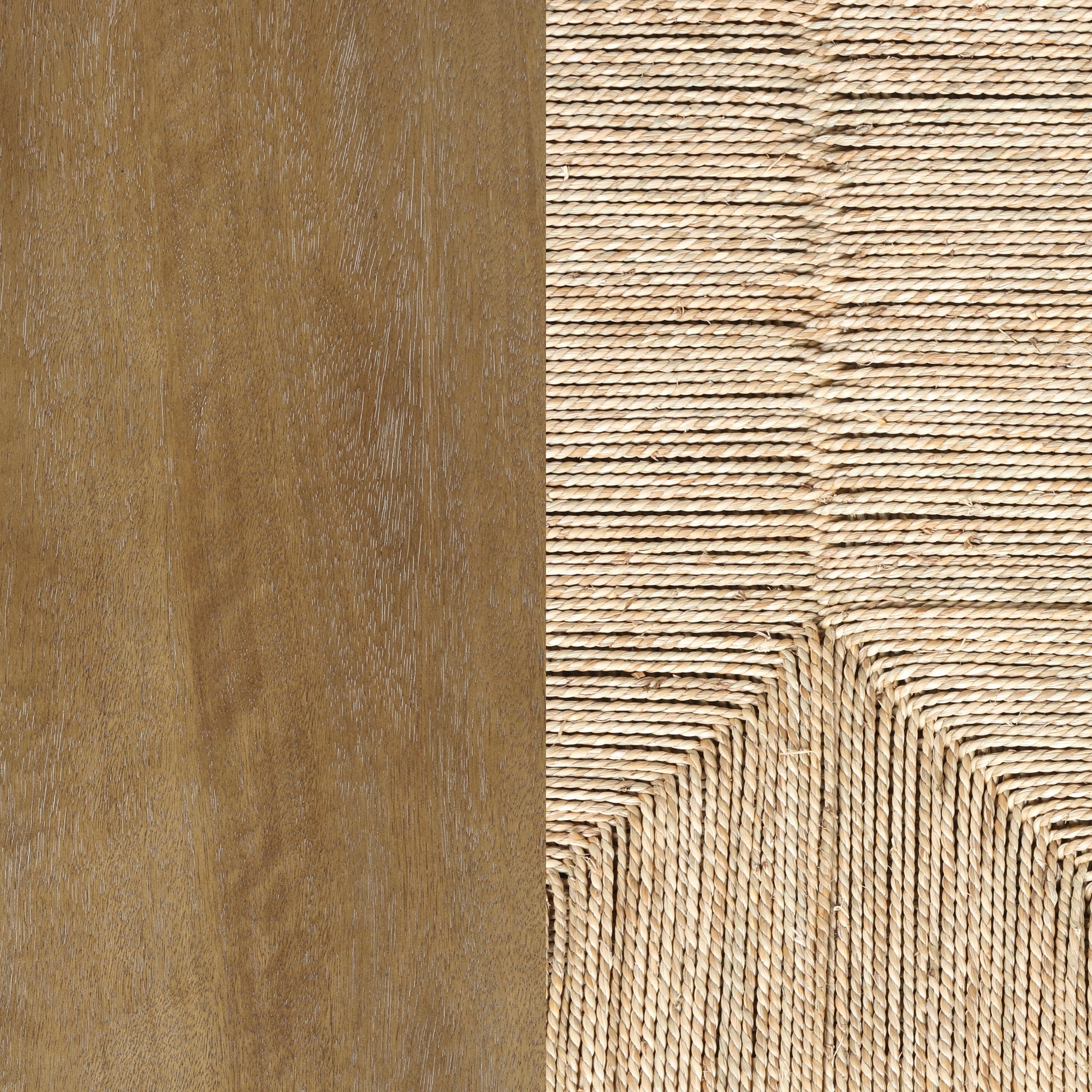 A split image showing a smooth, brown wooden surface on the left and a textured, woven beige rope pattern on the right.
