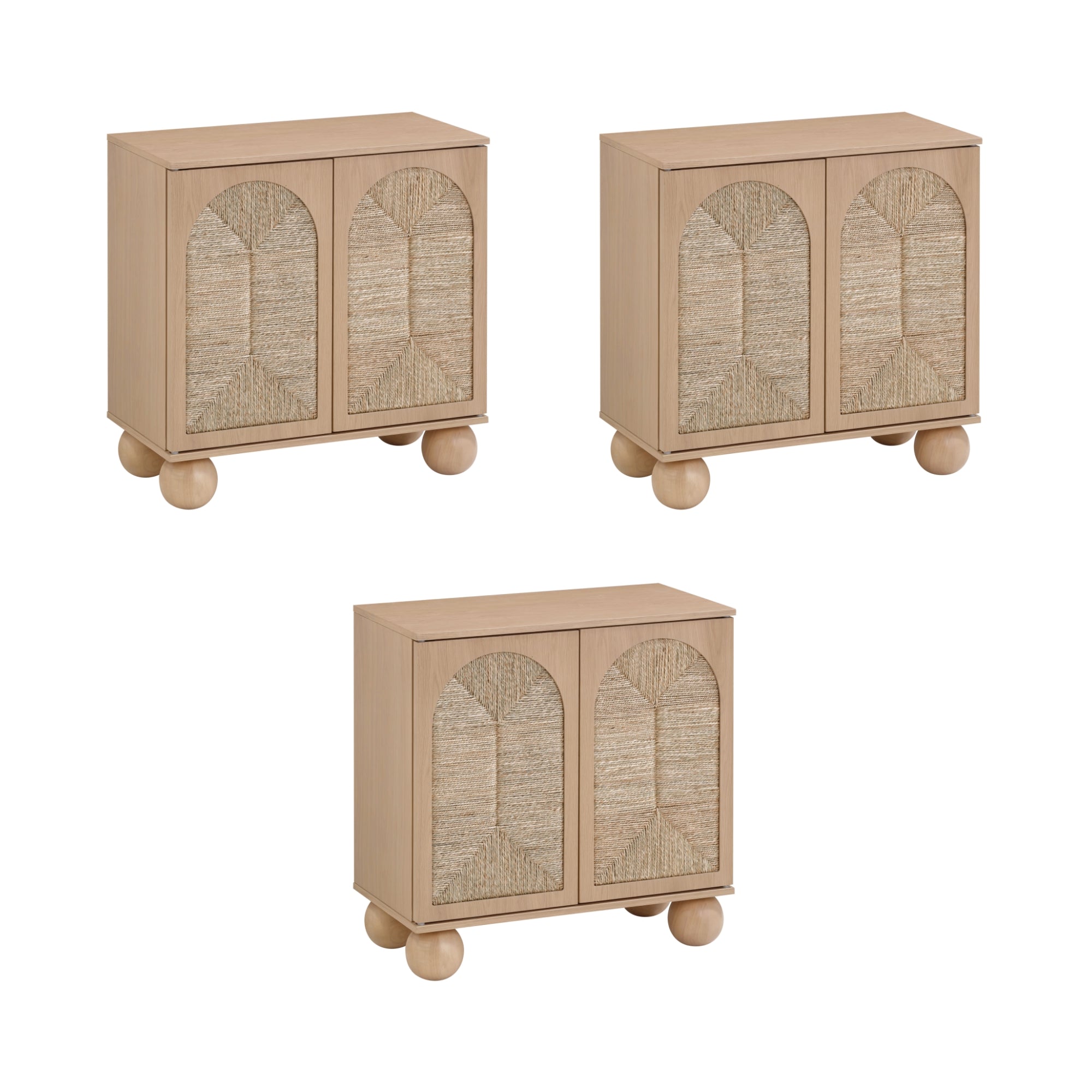 Three identical light wood cabinets with two arched panel doors and spherical feet, arranged in a triangular layout on a white background.