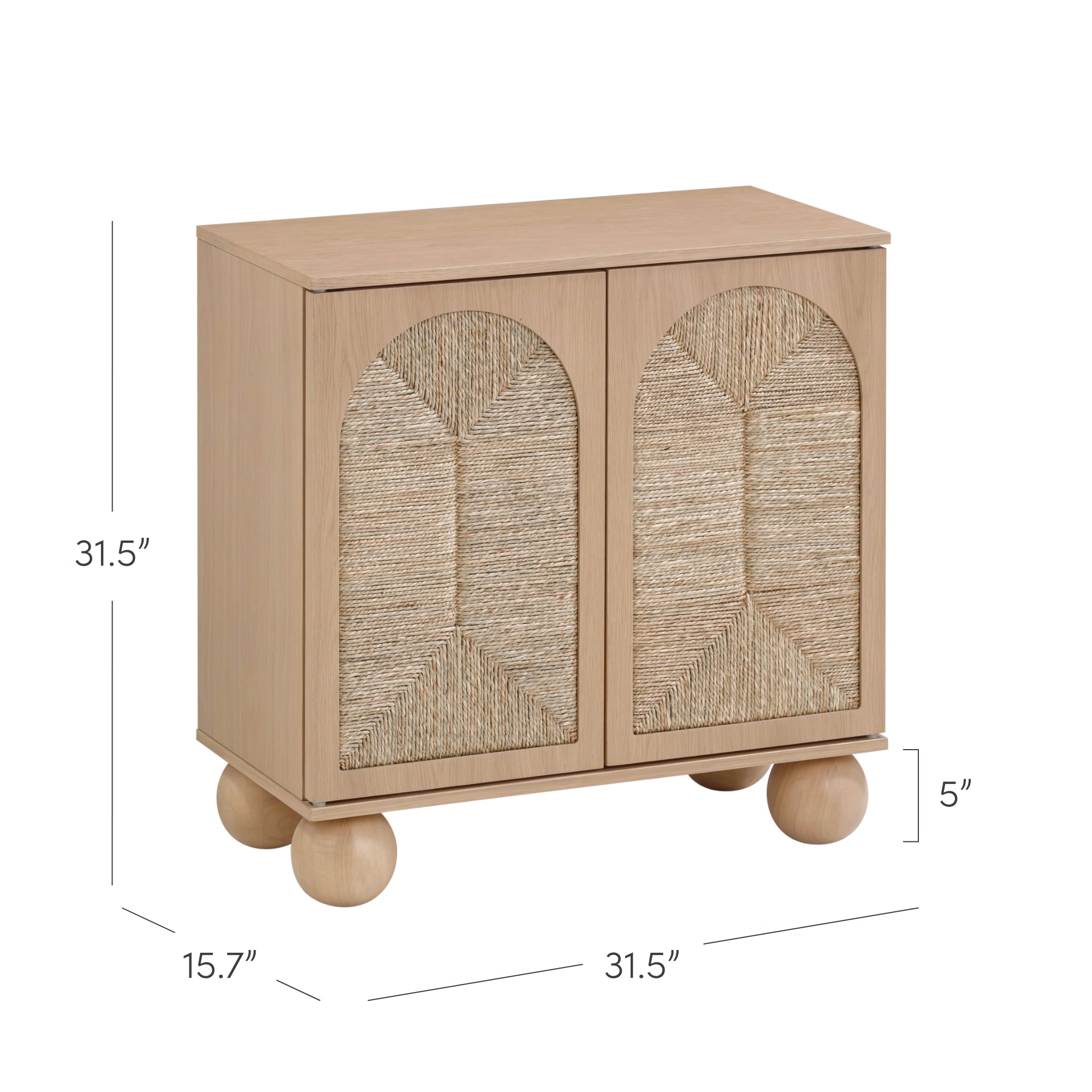 A light wood cabinet measuring 31.5 wide, 31.5 tall, and 15.7 deep, with two doors featuring woven panels and standing on four round wooden legs, each leg 5 high.