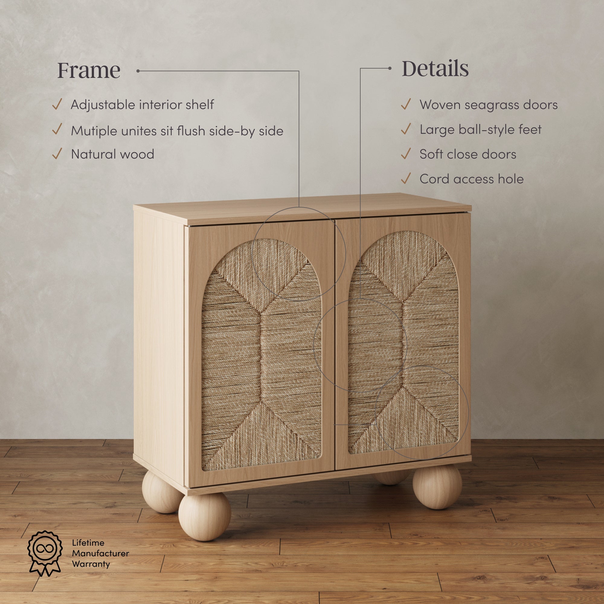 Seagrass Arched TV Console Cabinet for TVs up to 75" Raw Oak - Nathan James