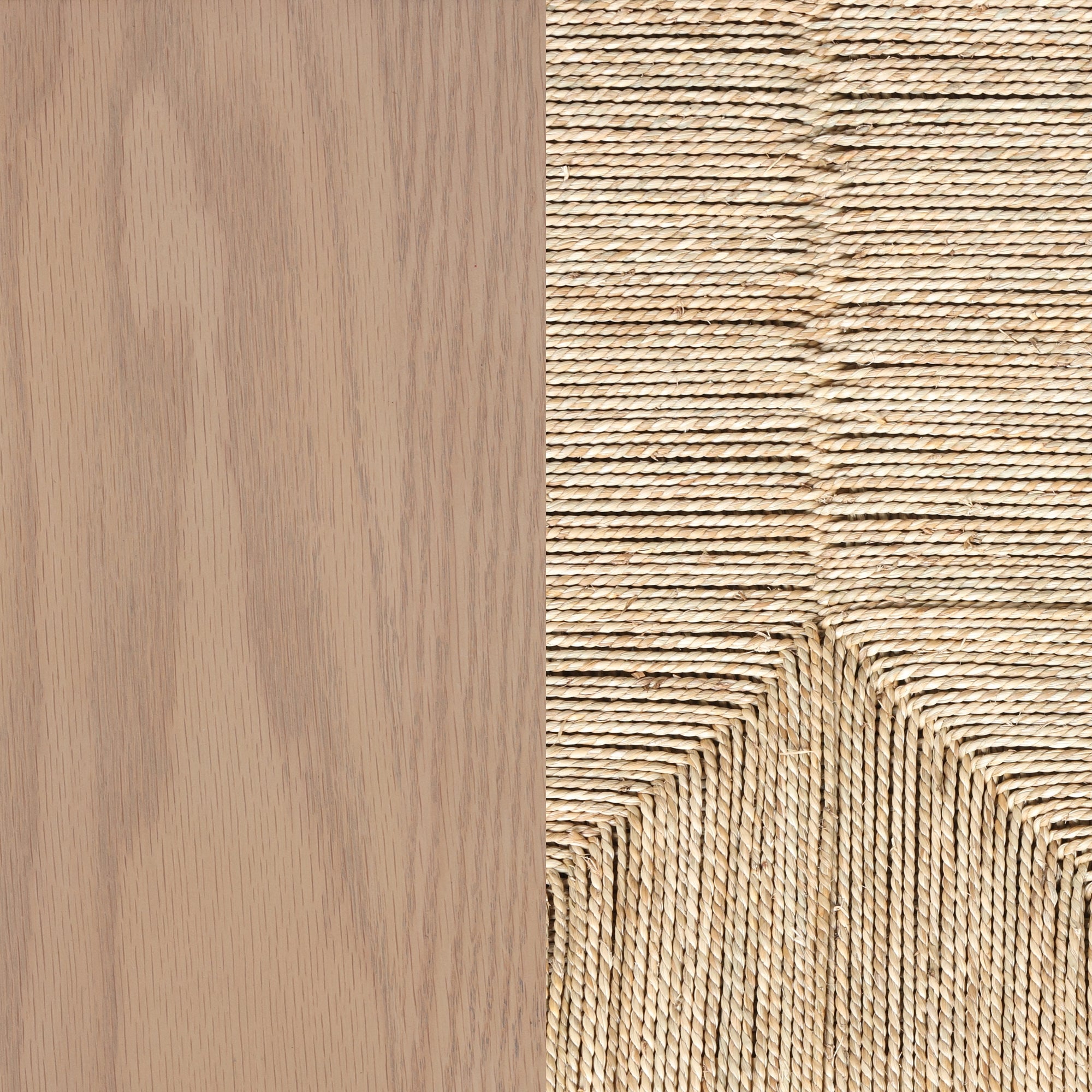 Split image: the left side shows smooth, light natural wood grain, while the right side displays tightly woven beige rope in a geometric chevron pattern, forming a subtle zigzag texture.
