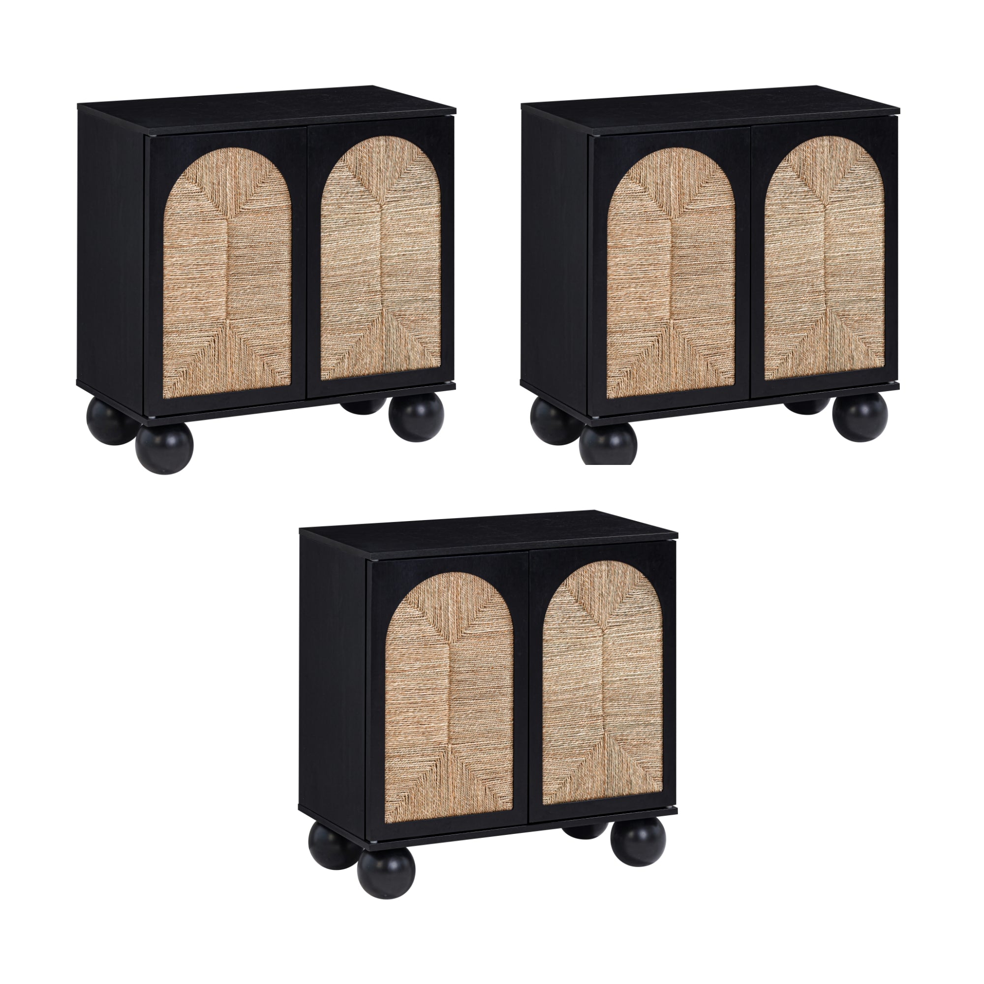 Three identical modern cabinets with black frames, rounded black legs, and double doors featuring a natural woven pattern with arched designs on the front.
