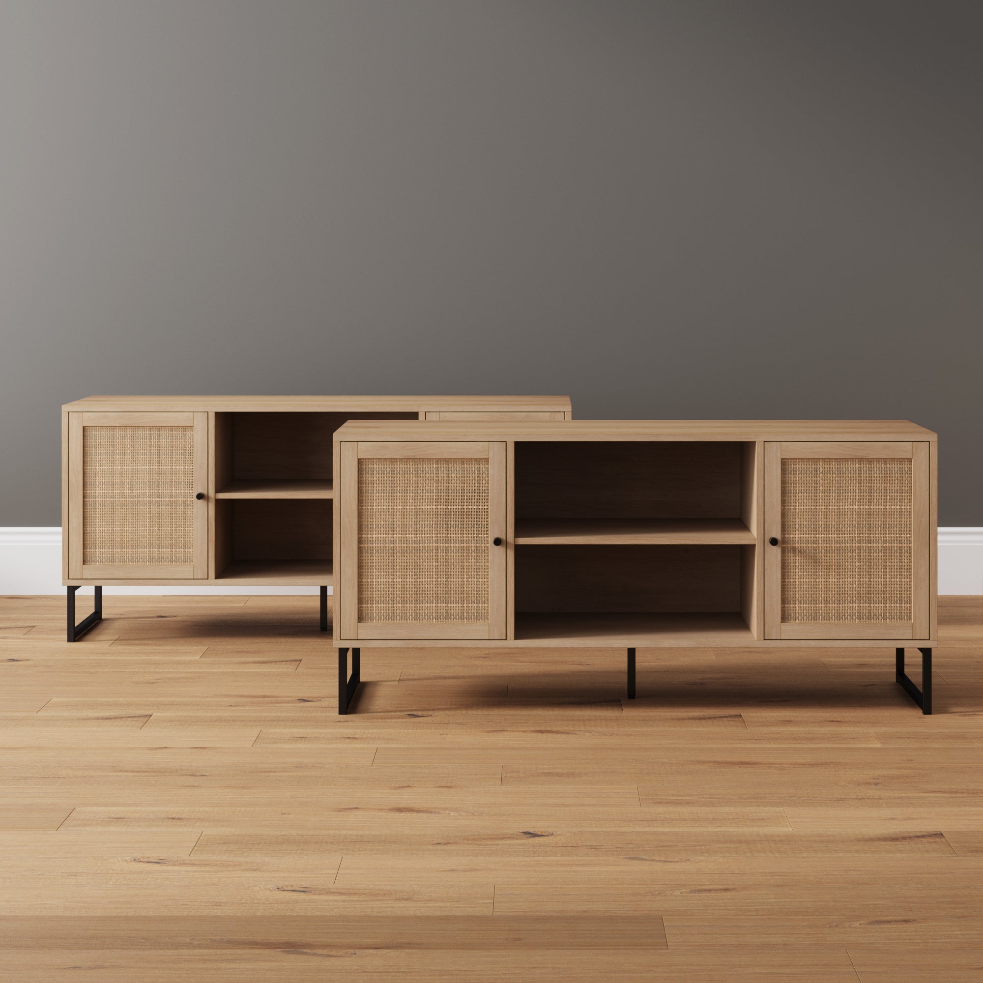 Rattan TV Console Credenza Light Oak (Set of 2) - Nathan James