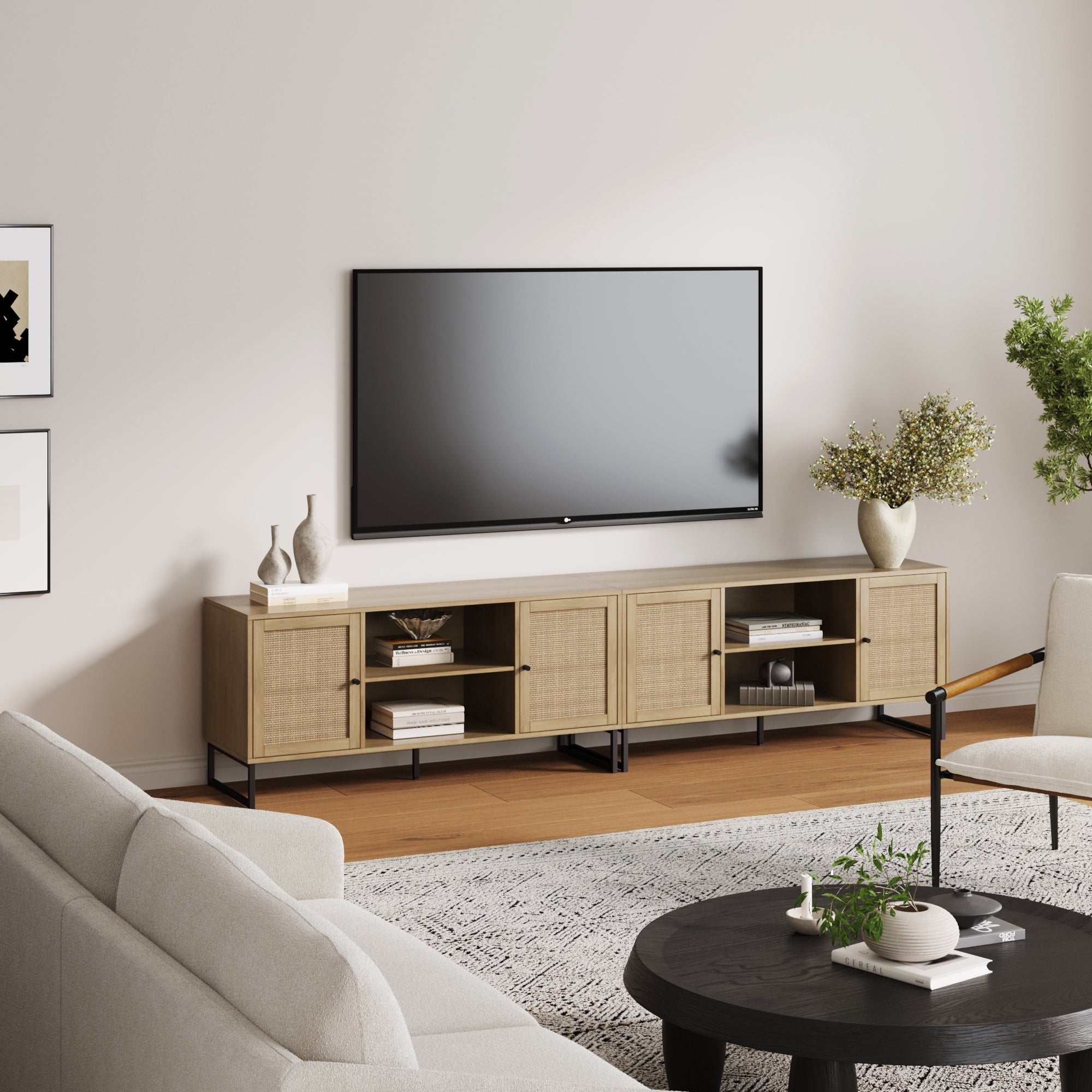 Rattan TV Console Credenza Light Oak (Set of 2) - Nathan James